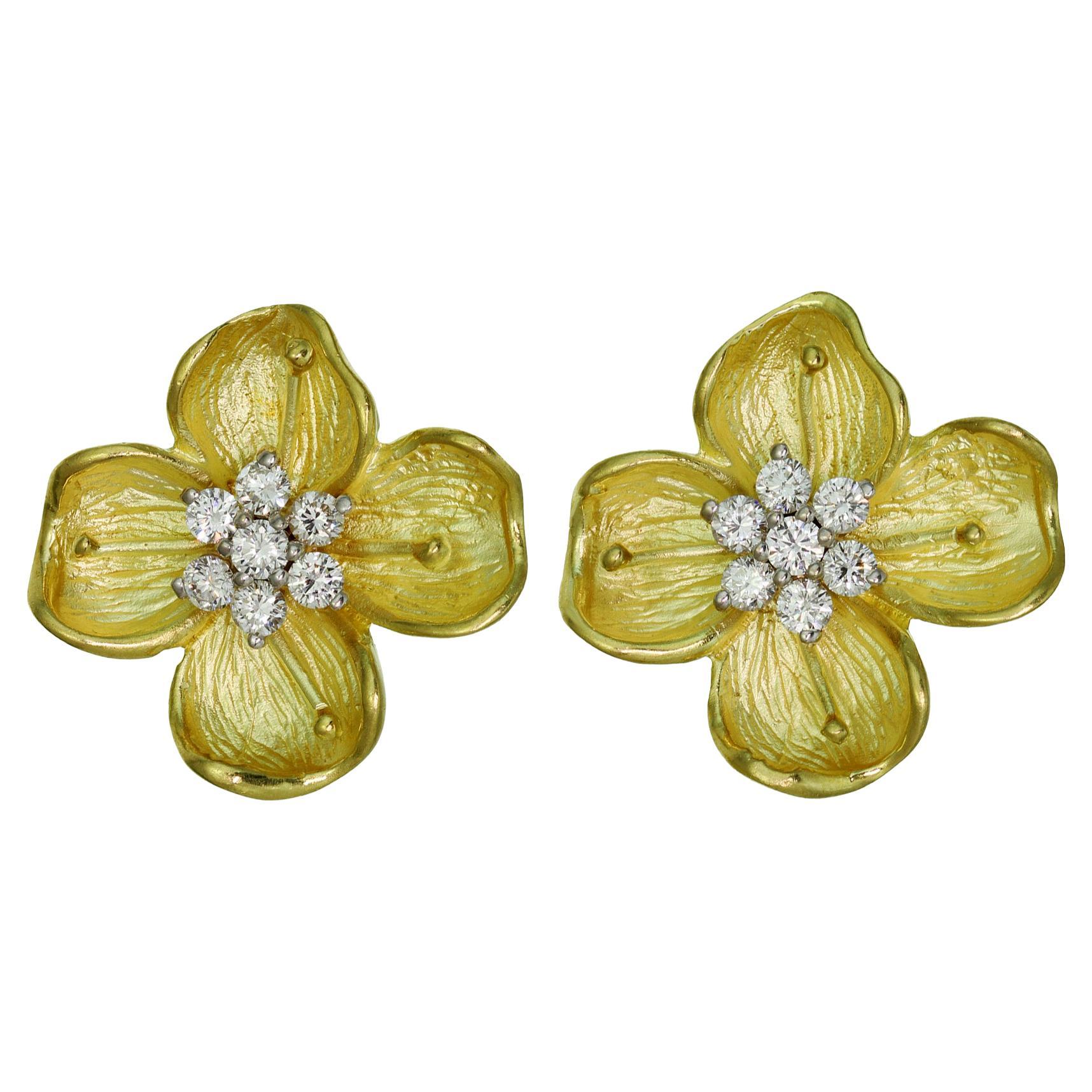 Tiffany & Co. Dogwood Yellow Gold Diamond Clip-On Flower Earrings
