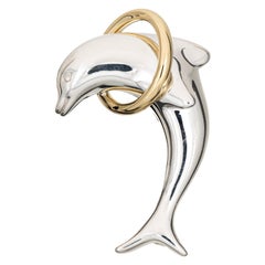 Tiffany & Co Broche dauphin vintage signée en argent sterling et or 18 carats