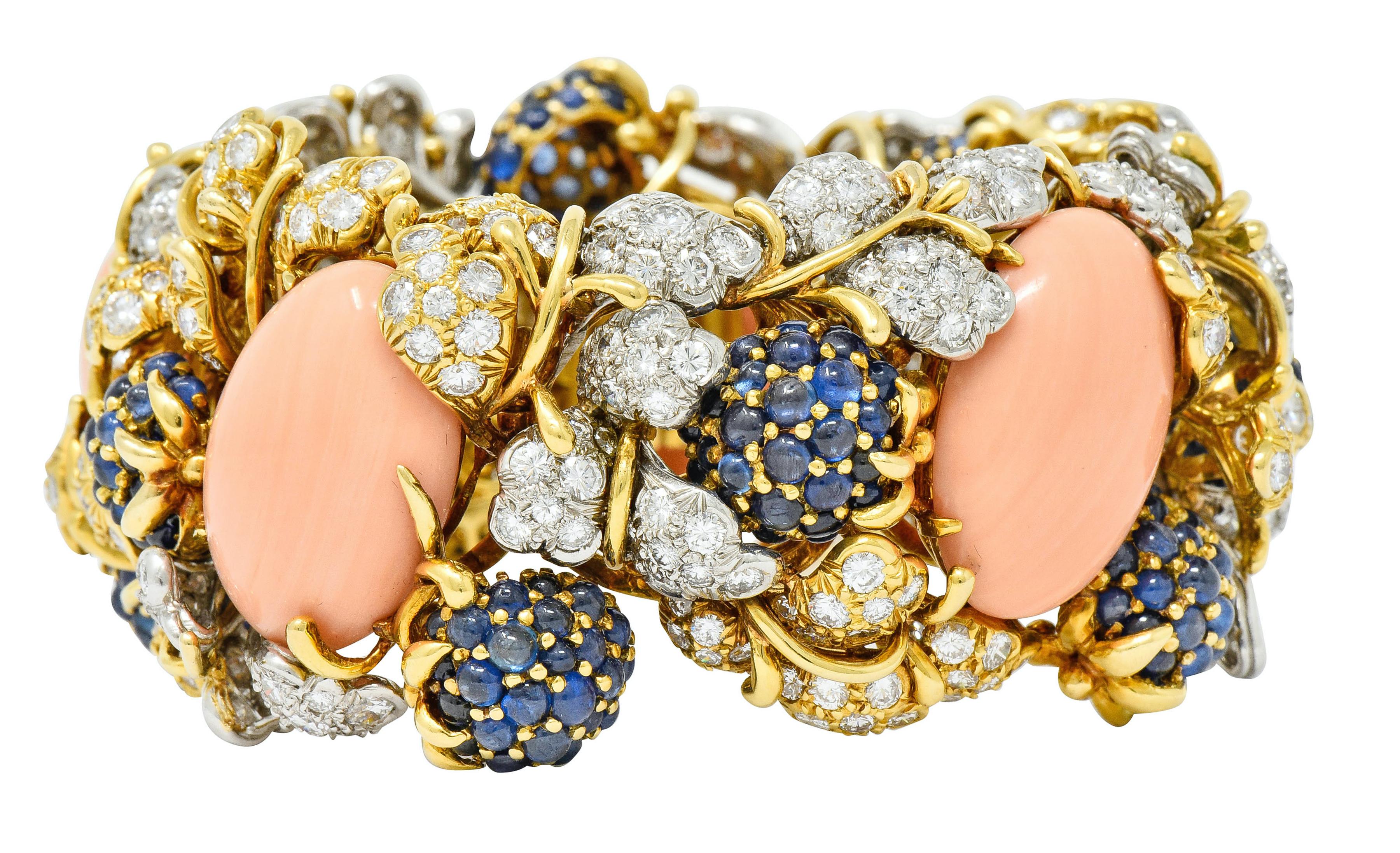 Women's or Men's Tiffany & Co. Donald Claflin Diamond Sapphire Coral Platinum 18k Gold Bracelet