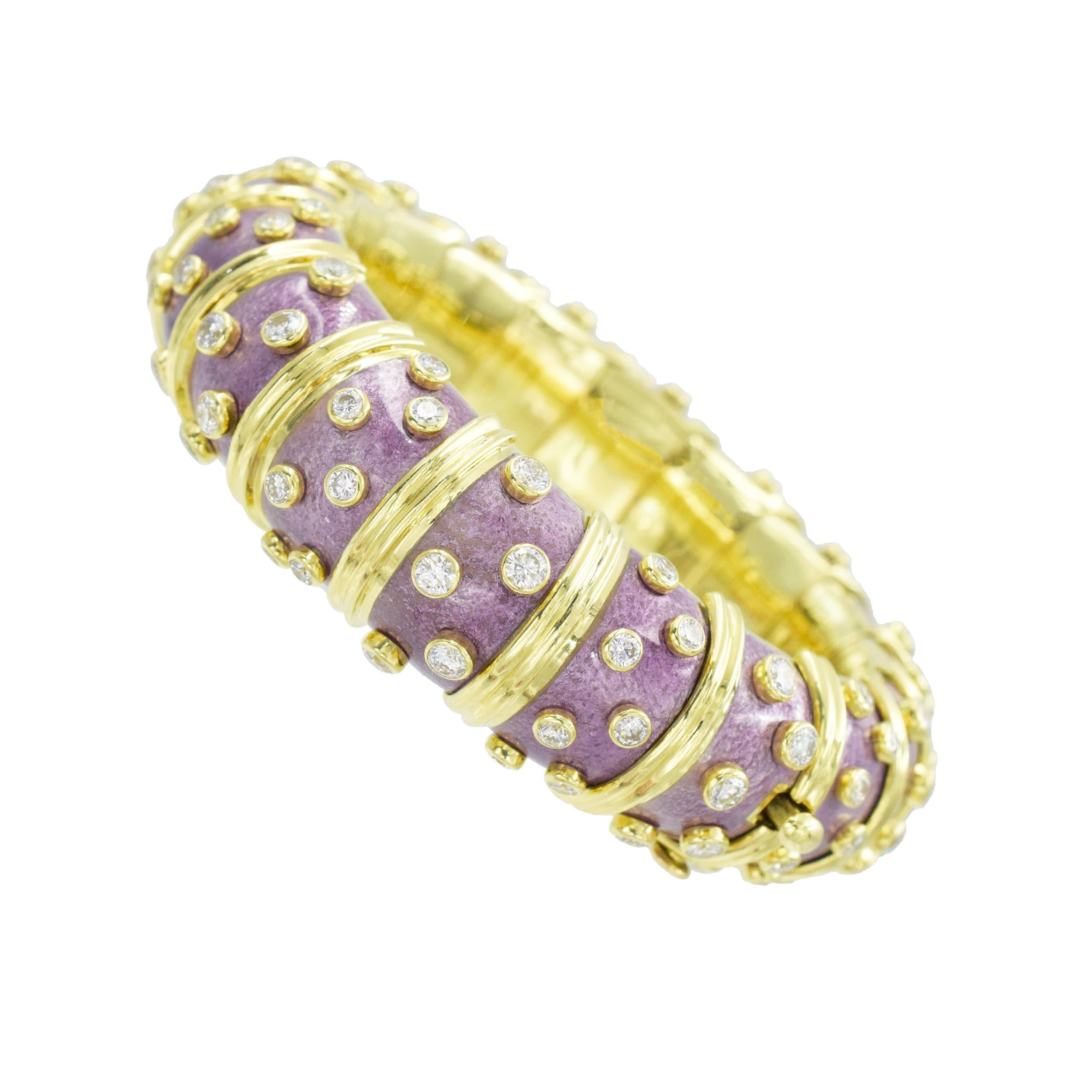 Tiffany & Co. Schlumberger diamond and enamel bangle in 18k yellow gold. 
The bangle is inlaid with lavender purple paillonné enamel, scattered with 108 round brilliant cut diamonds with total weight of approximately 6.00ct, color E-F, clarity