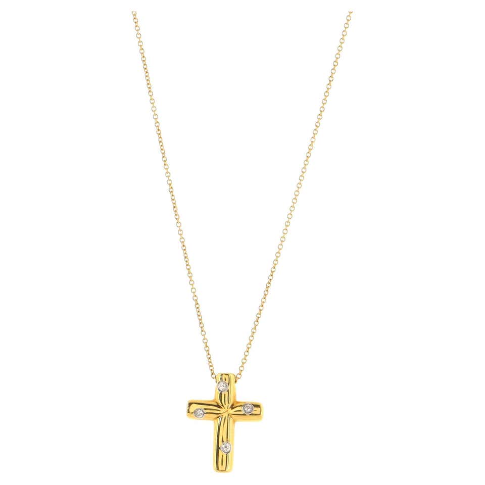 TIFFANY and CO. Diamond Yellow Gold Cross Pendant and Necklace at 1stDibs