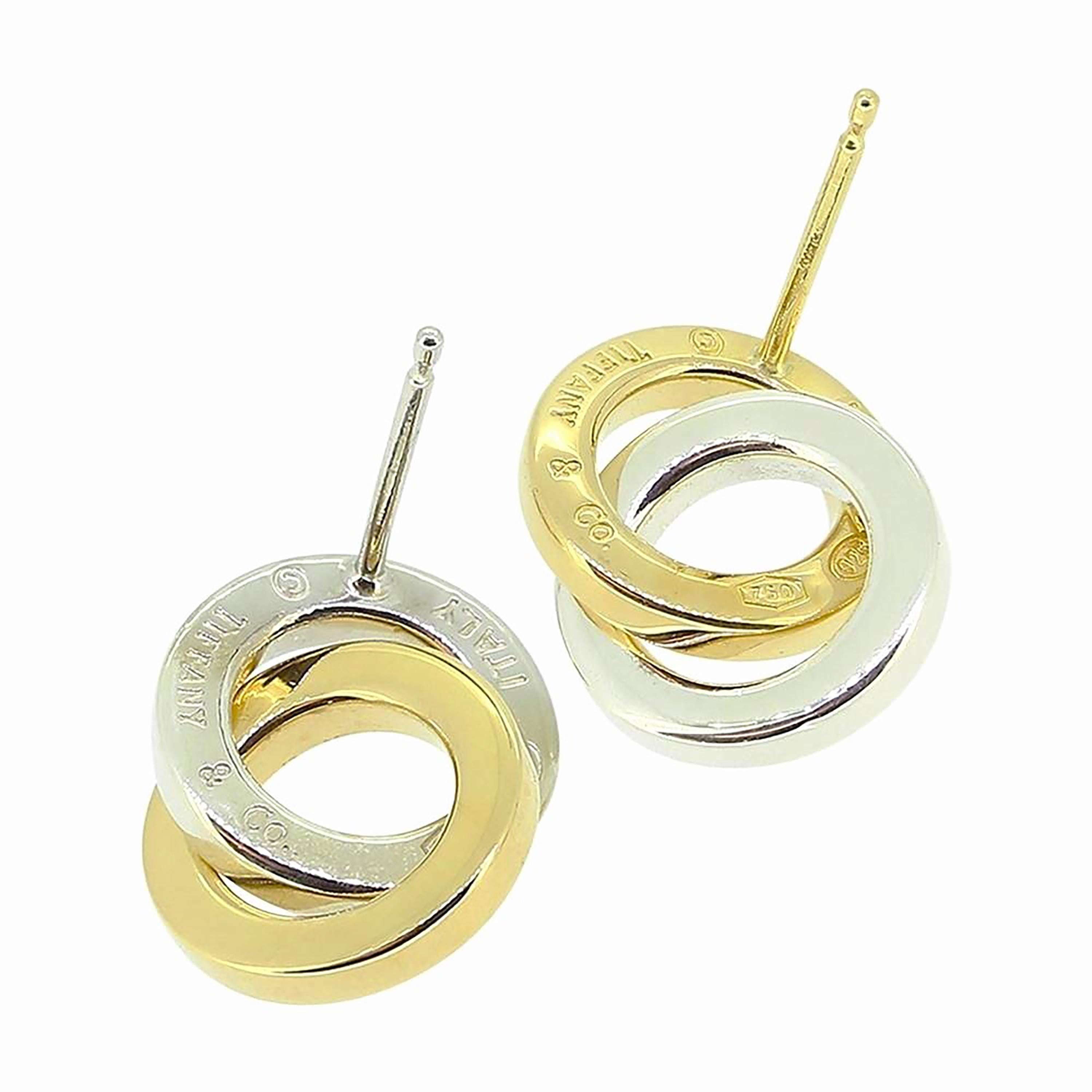 Tiffany Co Double 18 Karat Yellow Gold and Silver Circle 0.70 Inch Long Earrings For Sale 4
