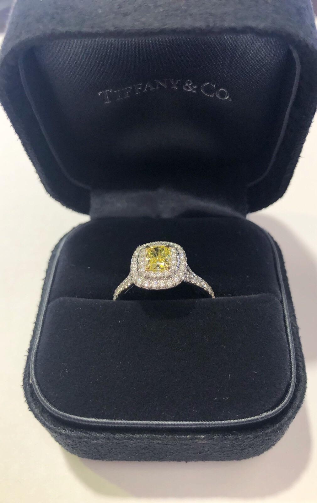 Tiffany & Co. Double Halo Engagement Ring with 0.51 Carat Intense Yellow Diamond In Excellent Condition In Houston, TX