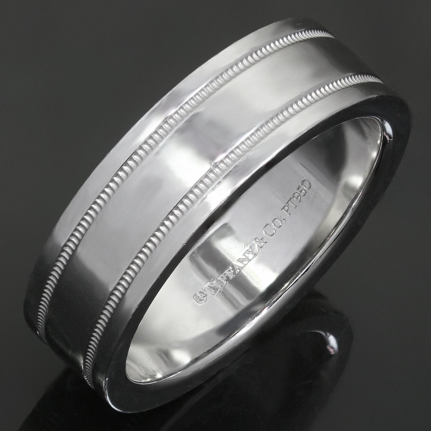 This fabulous Tiffany & Co. unisex wedding band is crafted in fine platinum and elegantly accented with milgrain edges. Classic and timeless.  Made in United States circa 2010s. Measurements: 0.23