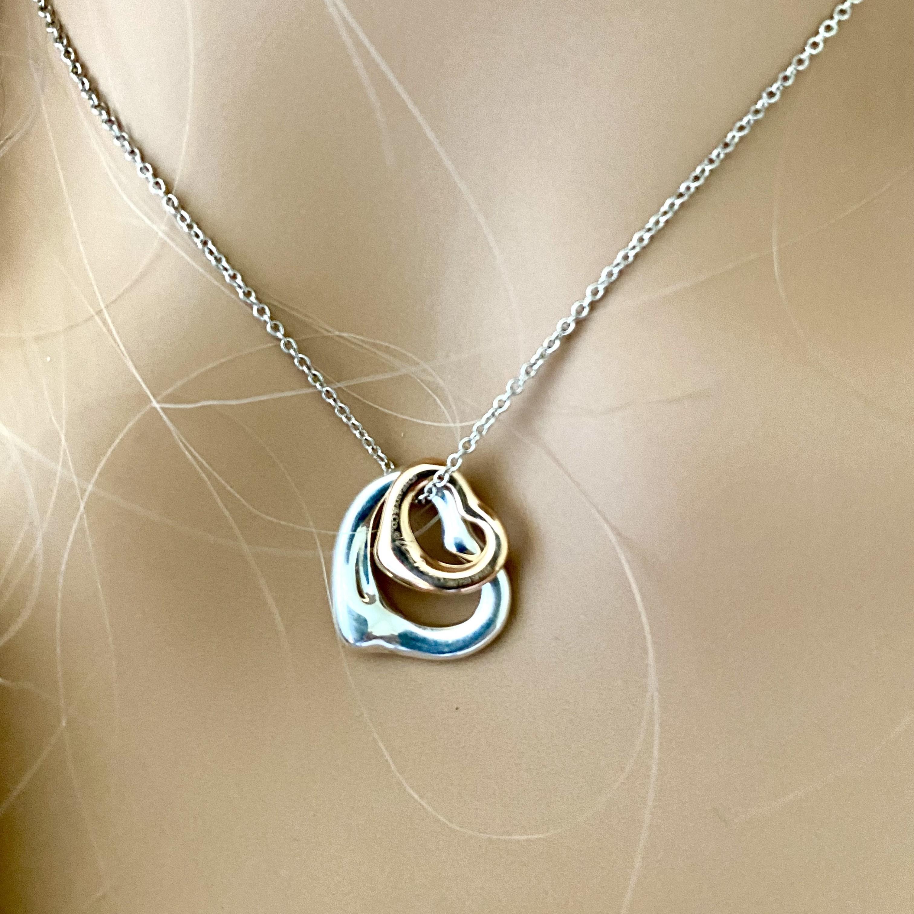 Contemporary Tiffany Co. Double Open Heart Necklace 0.50 Inch Rose Gold and 0.55 Inch Silver For Sale