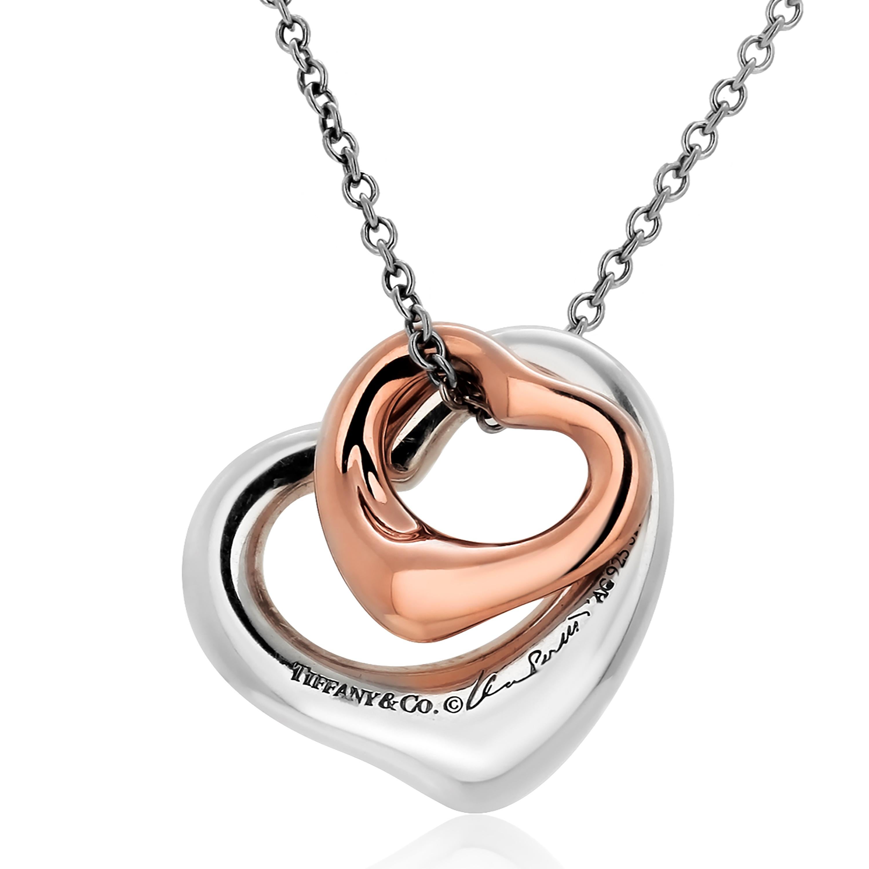 Contemporary Tiffany Co. Double Open Heart Necklace 0.50 Inch Rose Gold and 0.55 Inch Silver For Sale