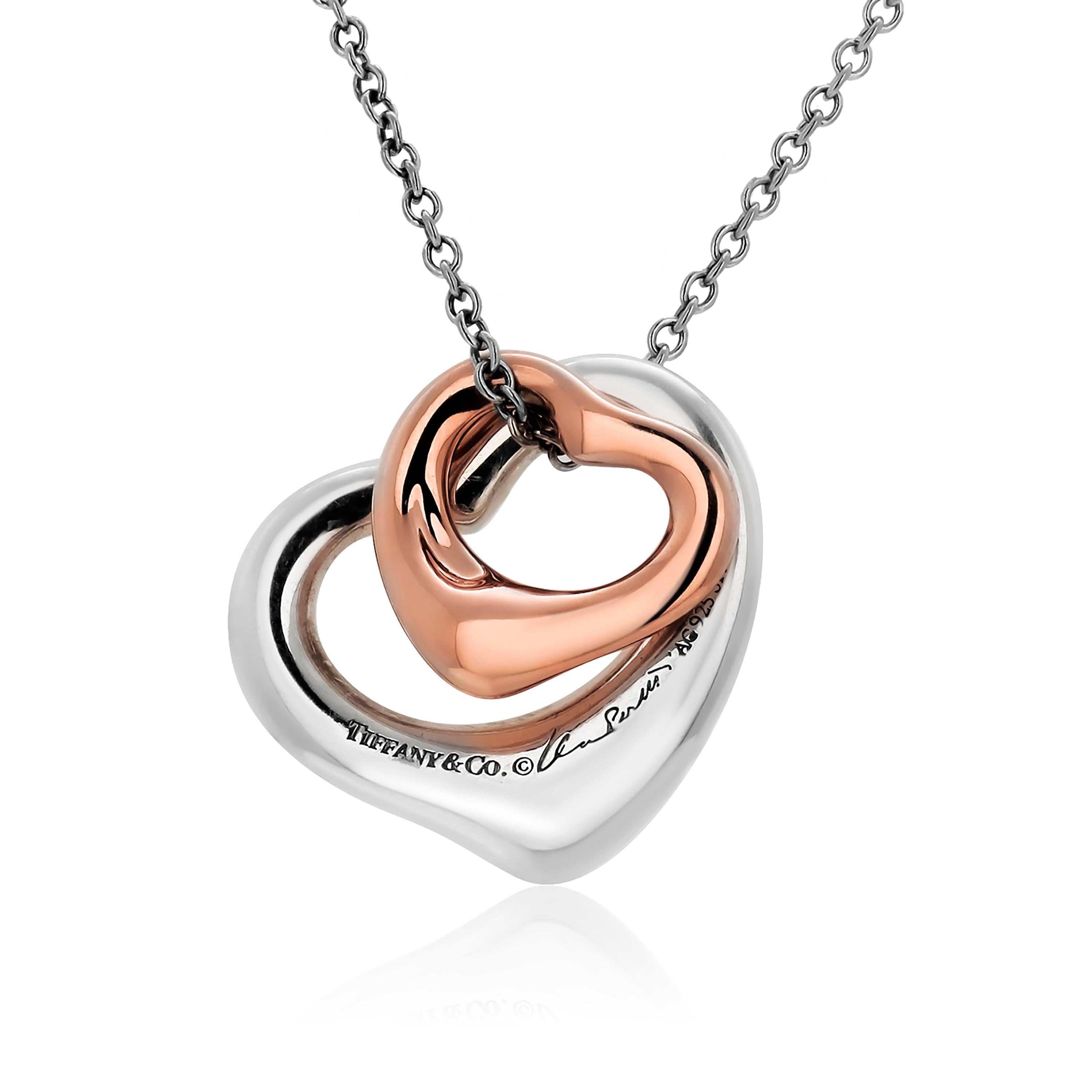 Women's or Men's Tiffany Co. Double Open Heart Necklace 0.50 Inch Rose Gold and 0.55 Inch Silver For Sale