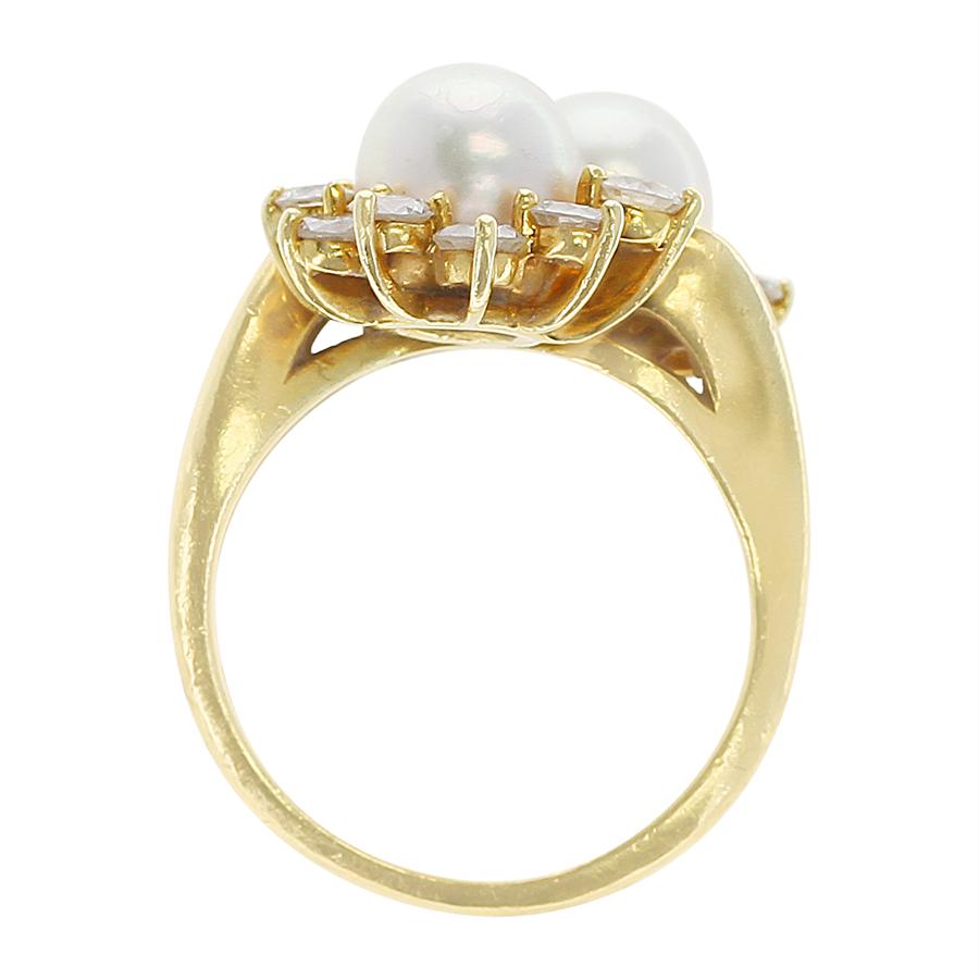 Round Cut Tiffany & Co. Double Pearl Ring with Round Diamonds, 18 Karat Yellow Gold