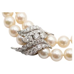 Tiffany & Co. Double Strand Pearl Necklace Platinum Diamond Clasp GIA