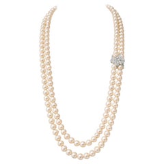 Tiffany & Co. Double Strand Pearl Necklace Platinum Diamond Clasp GIA