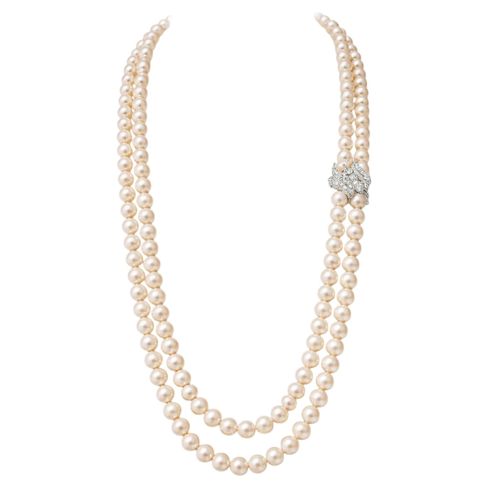 Tiffany & Co. Doppelstrang Perlenkette Platin Diamant Verschluss GIA