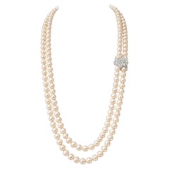 Tiffany & Co. Double Strand Pearl Necklace Platinum Diamond Clasp GIA