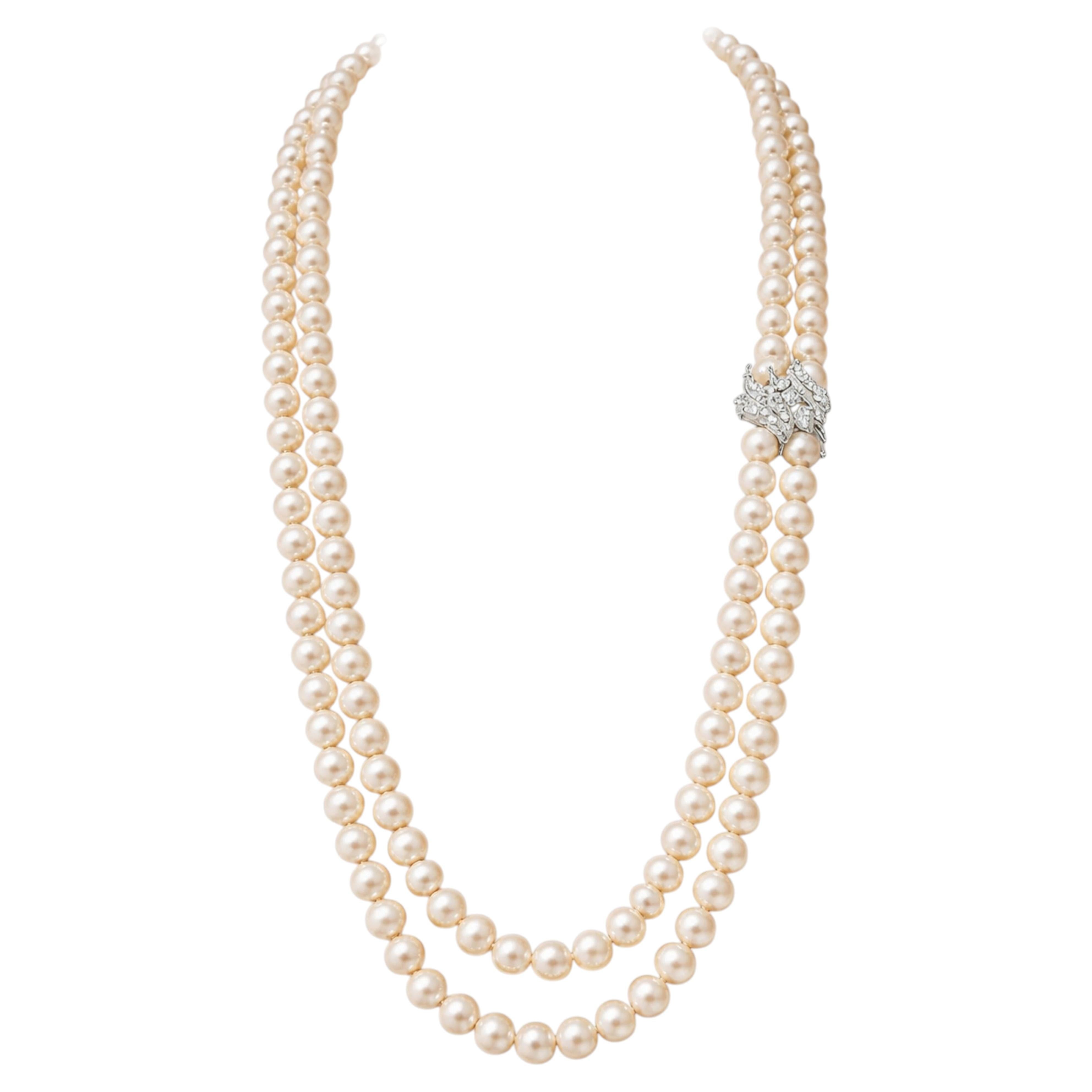 Tiffany & Co. Double Strand Pearl Necklace Platinum Diamond Clasp GIA