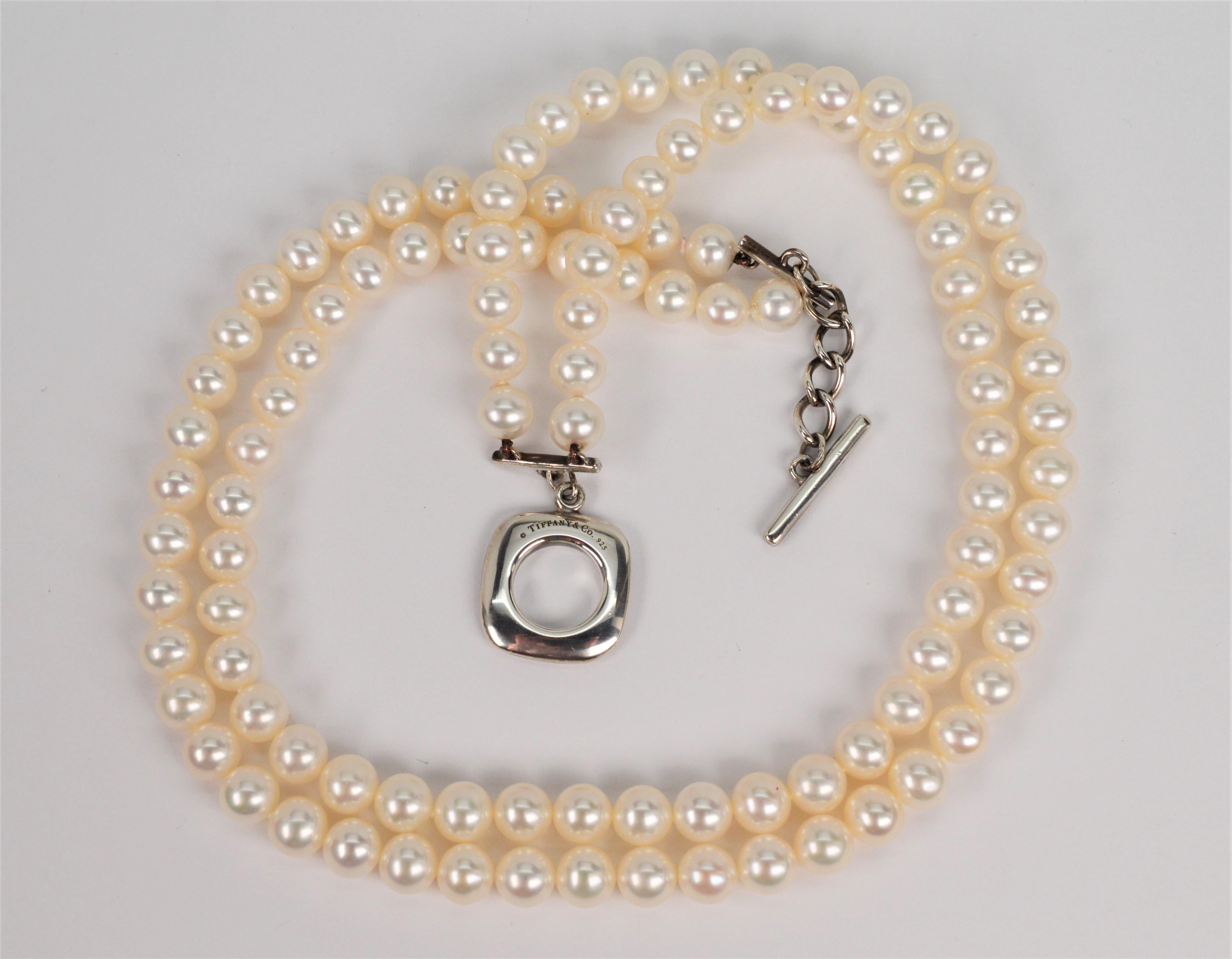 Tiffany & Co. Double Strand Pearl Necklace w Sterling Toggle Clasp w Pouch & Box 5