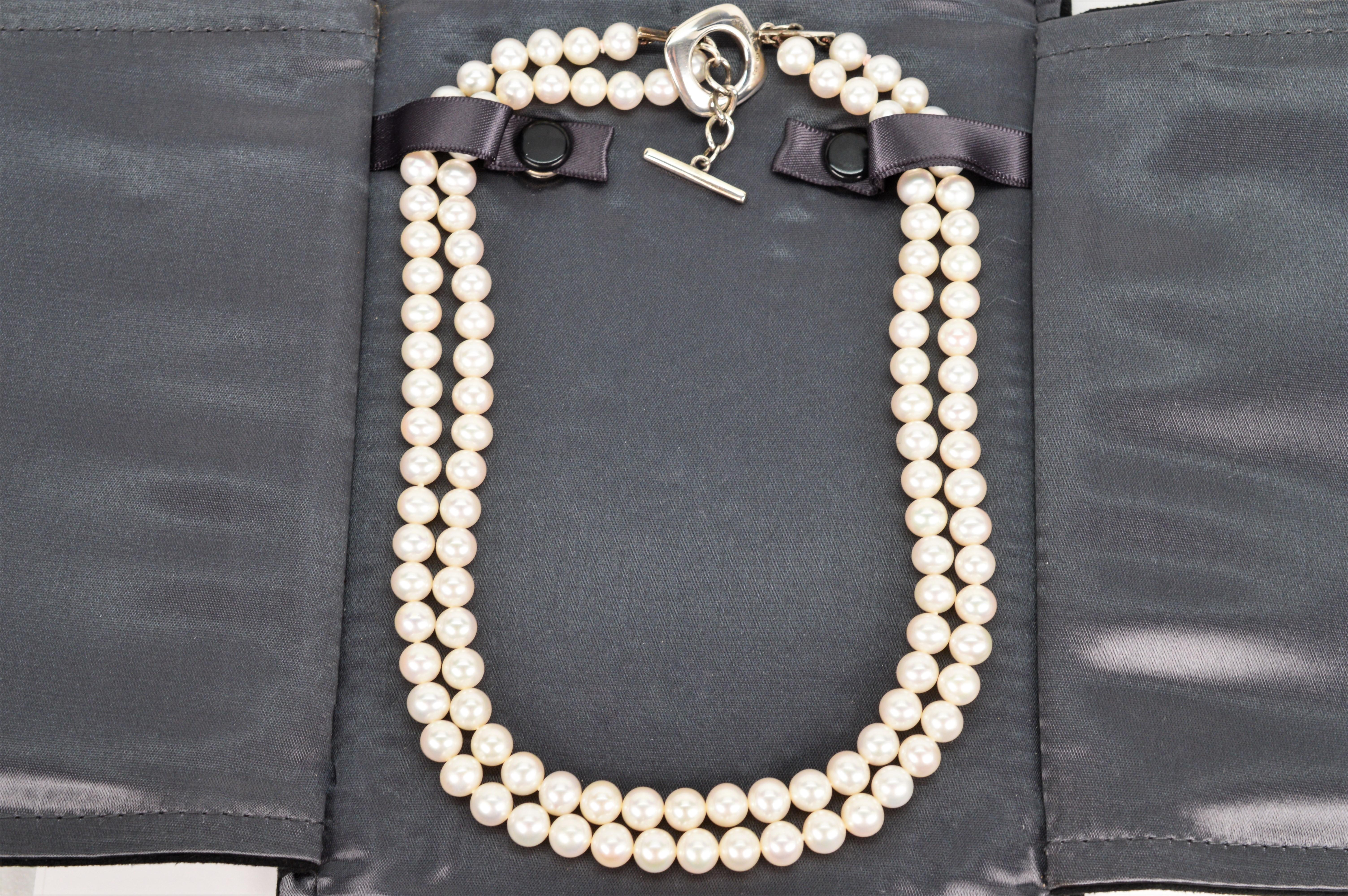 Round Cut Tiffany & Co. Double Strand Pearl Necklace w Sterling Toggle Clasp w Pouch & Box