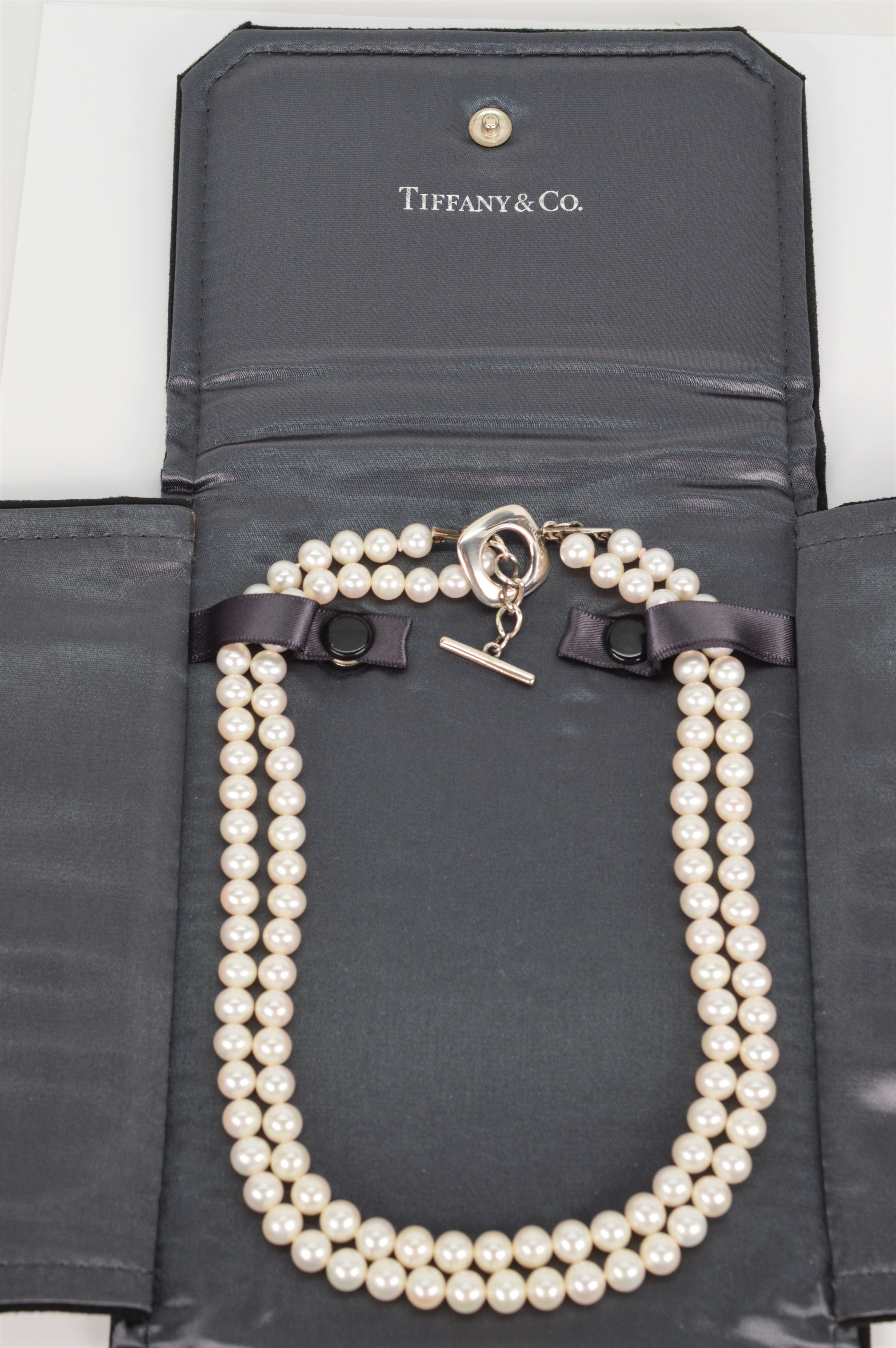 Tiffany & Co. Double Strand Pearl Necklace w Sterling Toggle Clasp w Pouch & Box In Excellent Condition In Mount Kisco, NY