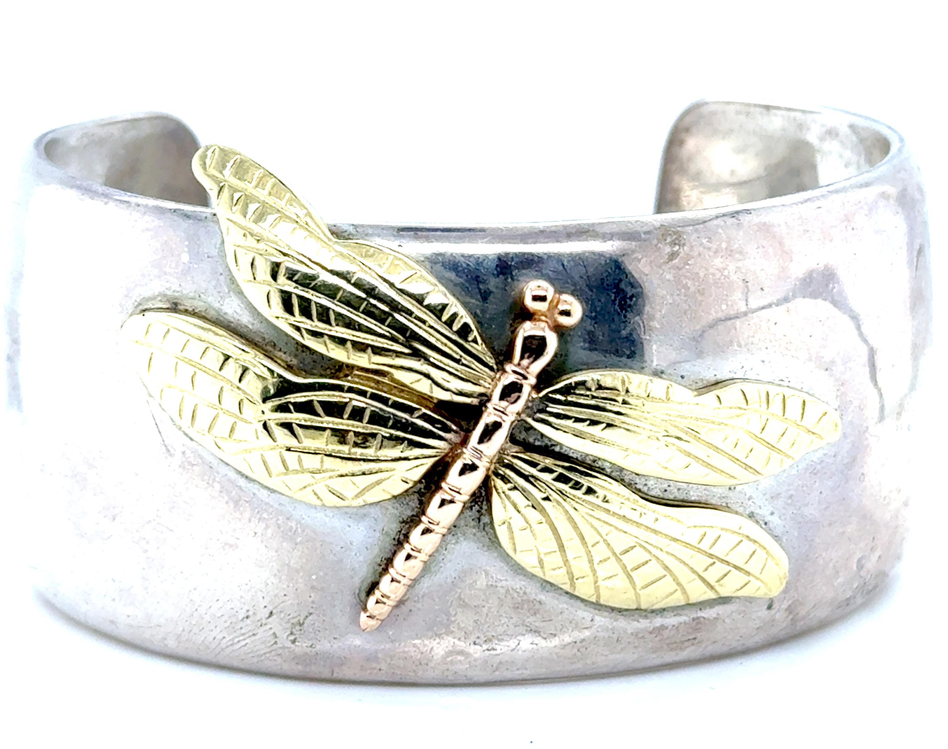 Tiffany & Co. Dragonfly Cuff Bracelet Sterling Silver 18K Rose and Yellow Gold 2 In Excellent Condition In Dearborn, MI