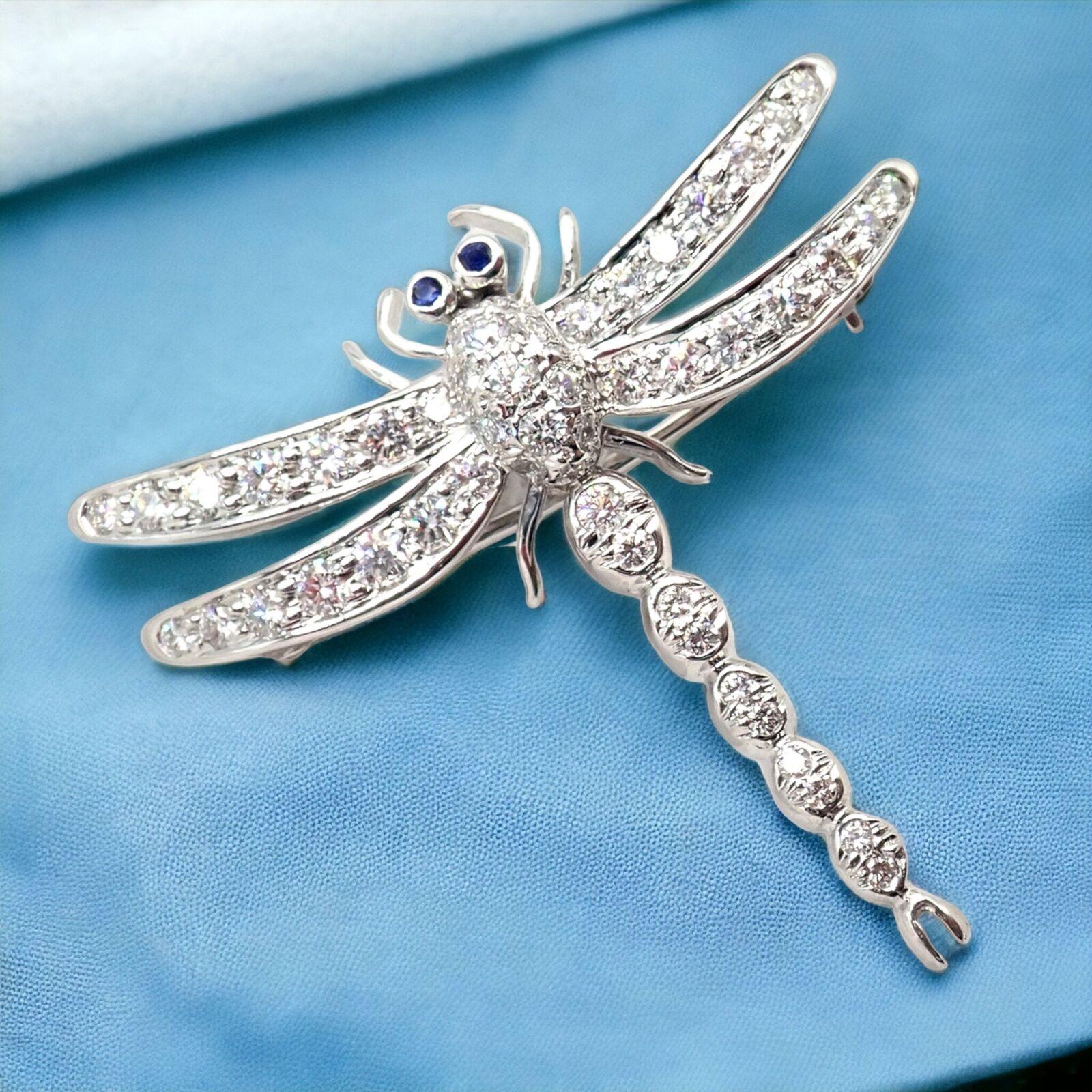 Brilliant Cut Tiffany & Co Dragonfly Diamond Sapphire Platinum Brooch Pendant Necklace For Sale