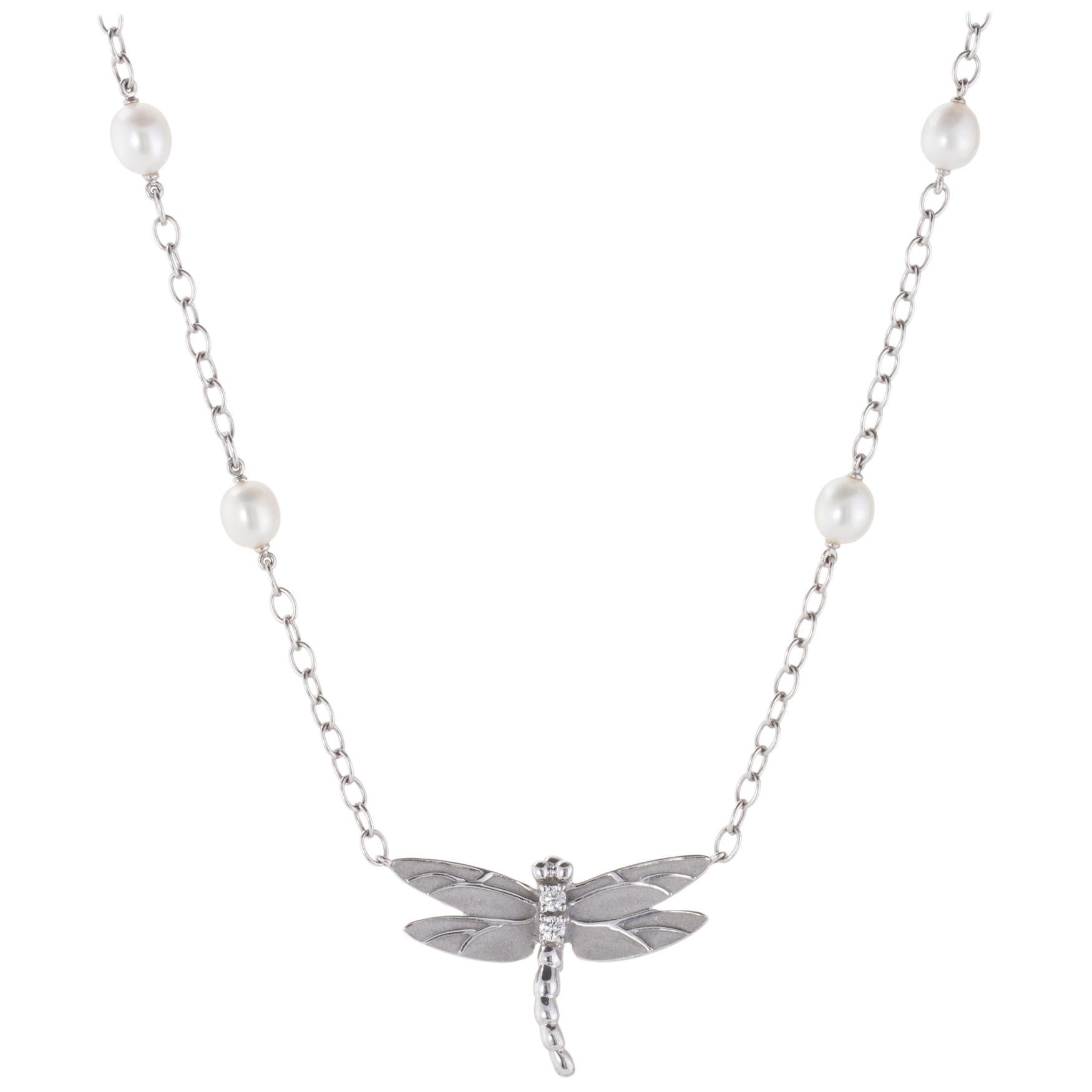 Tiffany & Co Dragonfly Necklace Diamond Pearl Estate 18 Karat White Gold Jewelry