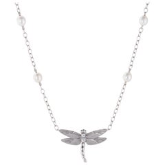 Vintage Tiffany & Co Dragonfly Necklace Diamond Pearl Estate 18 Karat White Gold Jewelry