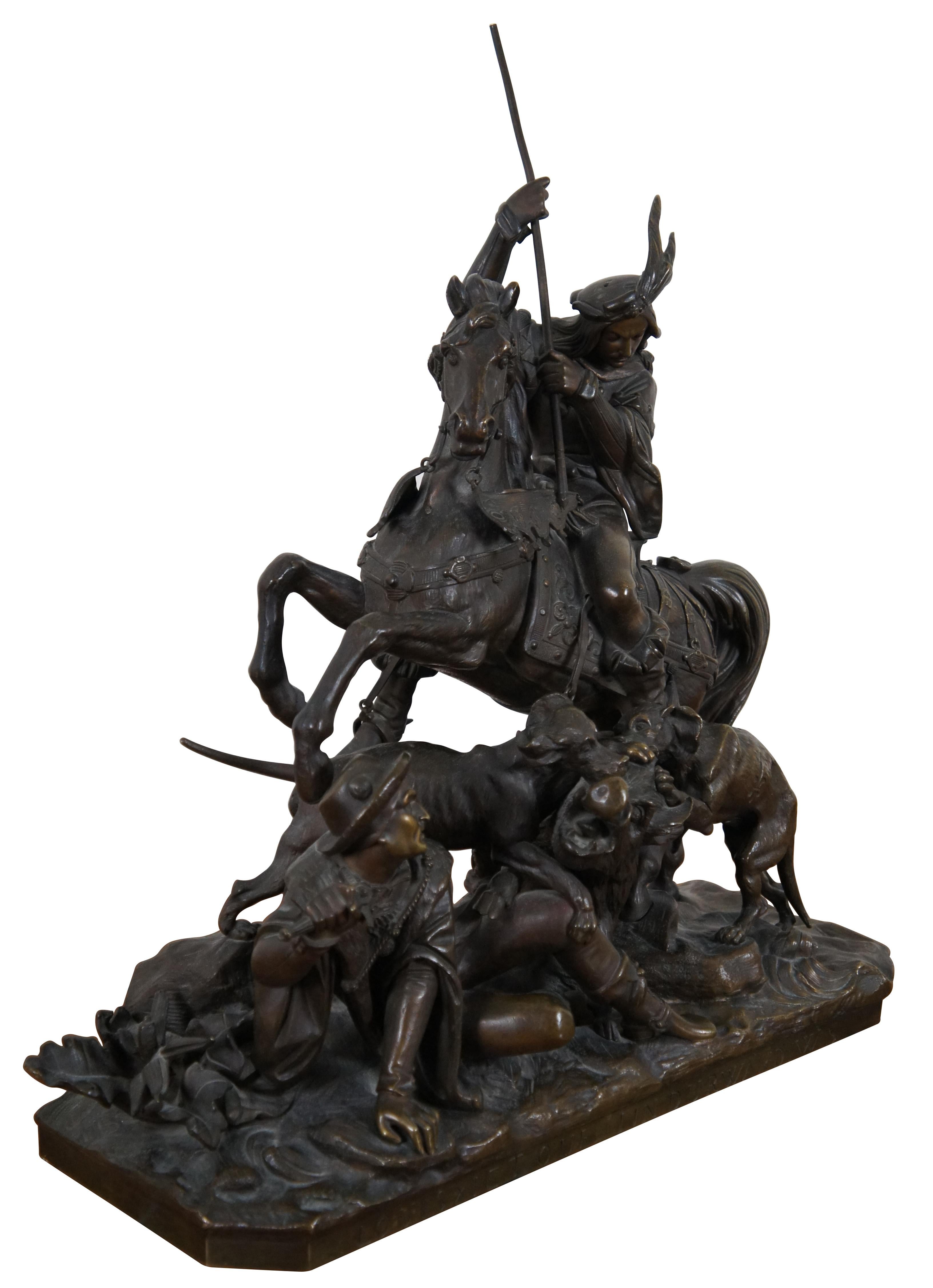 Antique Tiffany & Co number 2114 bronze sculpture portraying a scene from Quentin Durward. Written by Walter Scott and published in 1823, Quentin Durward is the story of a young Scottish archer who journeys to France and upon meeting Louis XI enters