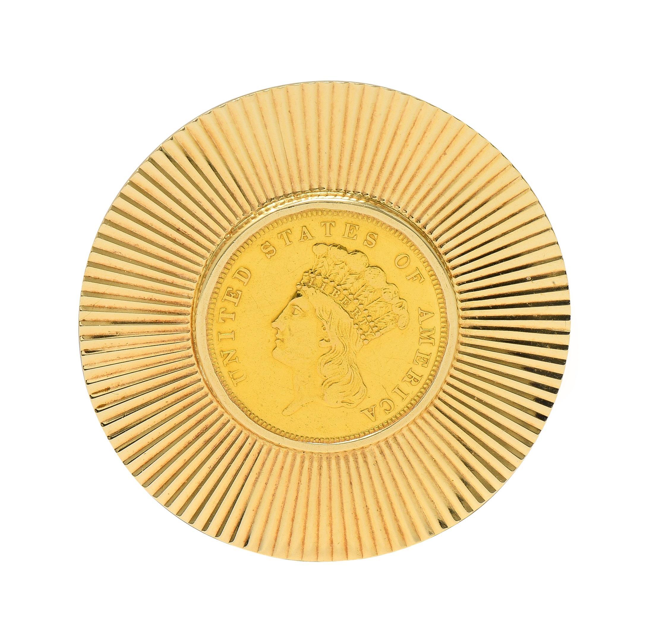 Tiffany & Co. Early 1900's 14K Gold 1855 US 3 Dollar Coin Antique Circle Brooch For Sale 6