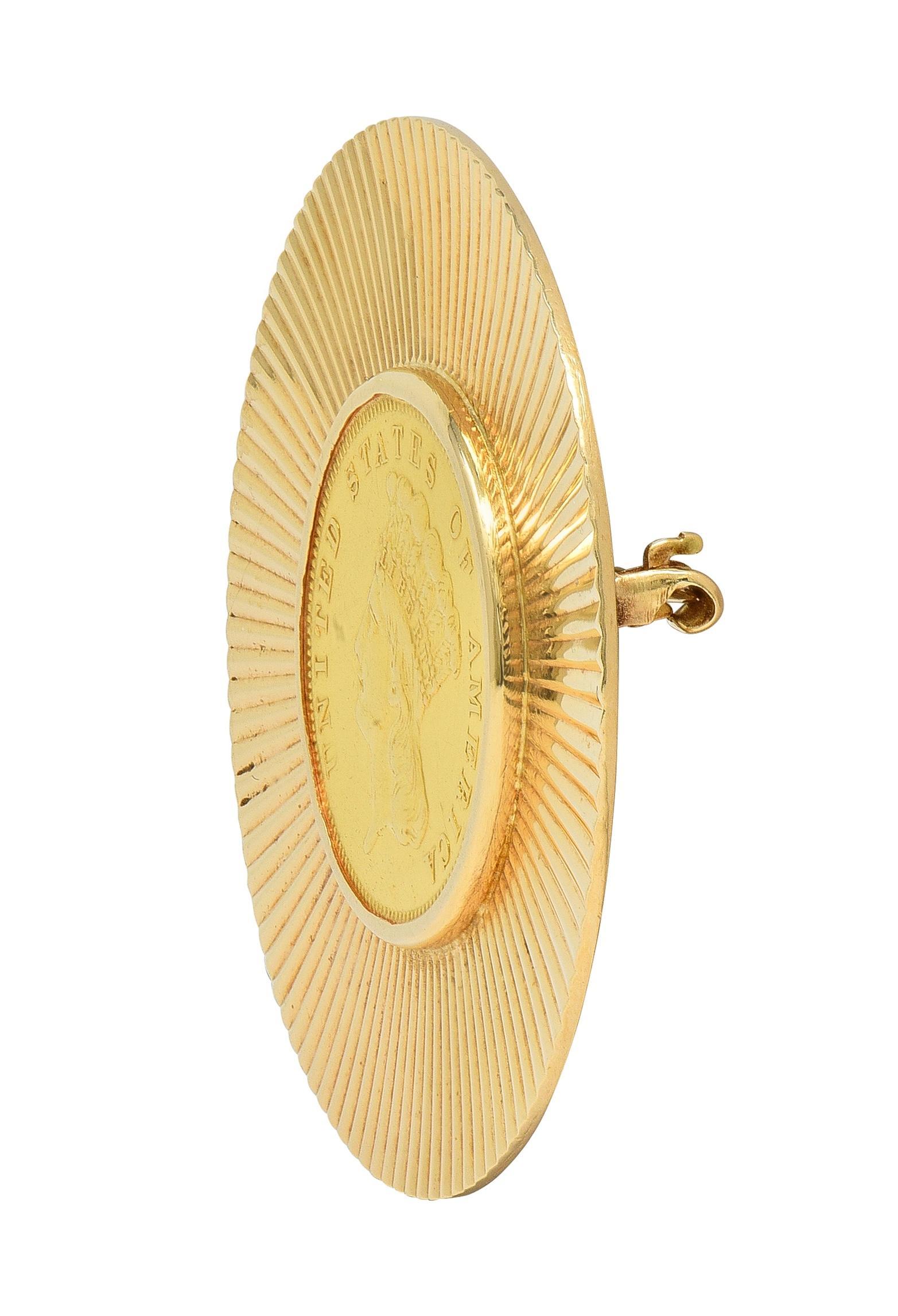 Tiffany & Co. Early 1900's 14K Gold 1855 US 3 Dollar Coin Antique Circle Brooch In Excellent Condition For Sale In Philadelphia, PA