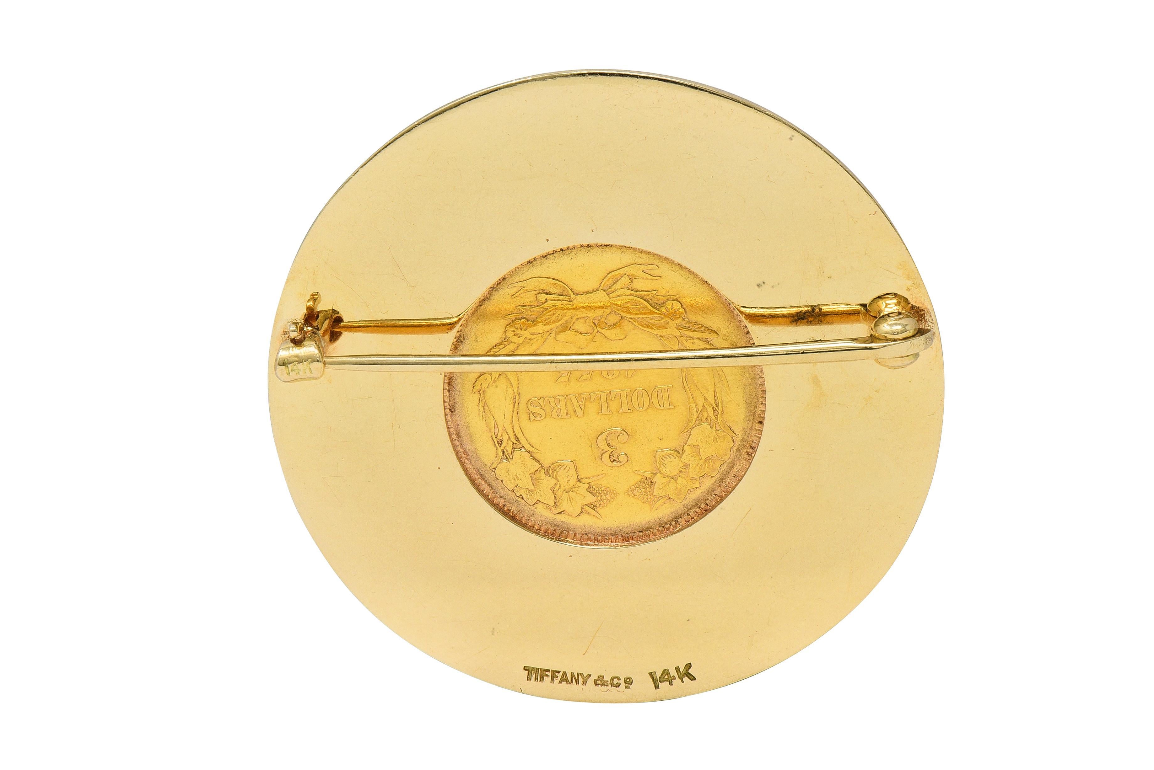 Women's or Men's Tiffany & Co. Early 1900's 14K Gold 1855 US 3 Dollar Coin Antique Circle Brooch For Sale