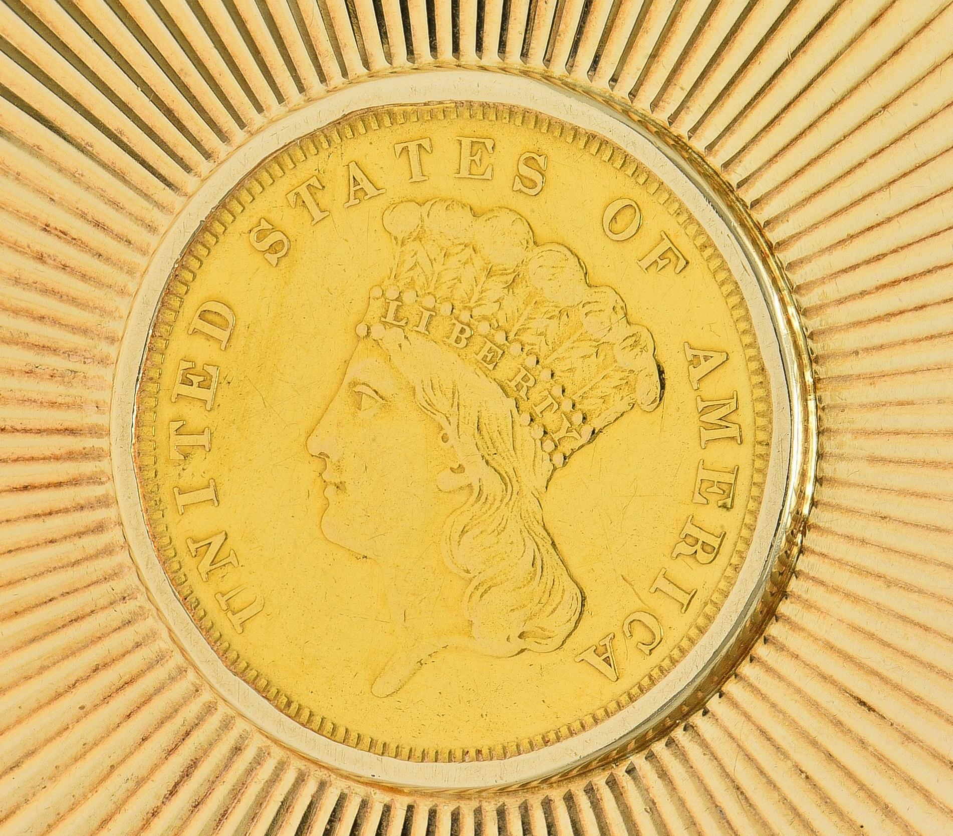 Tiffany & Co. Early 1900's 14K Gold 1855 US 3 Dollar Coin Antique Circle Brooch For Sale 4