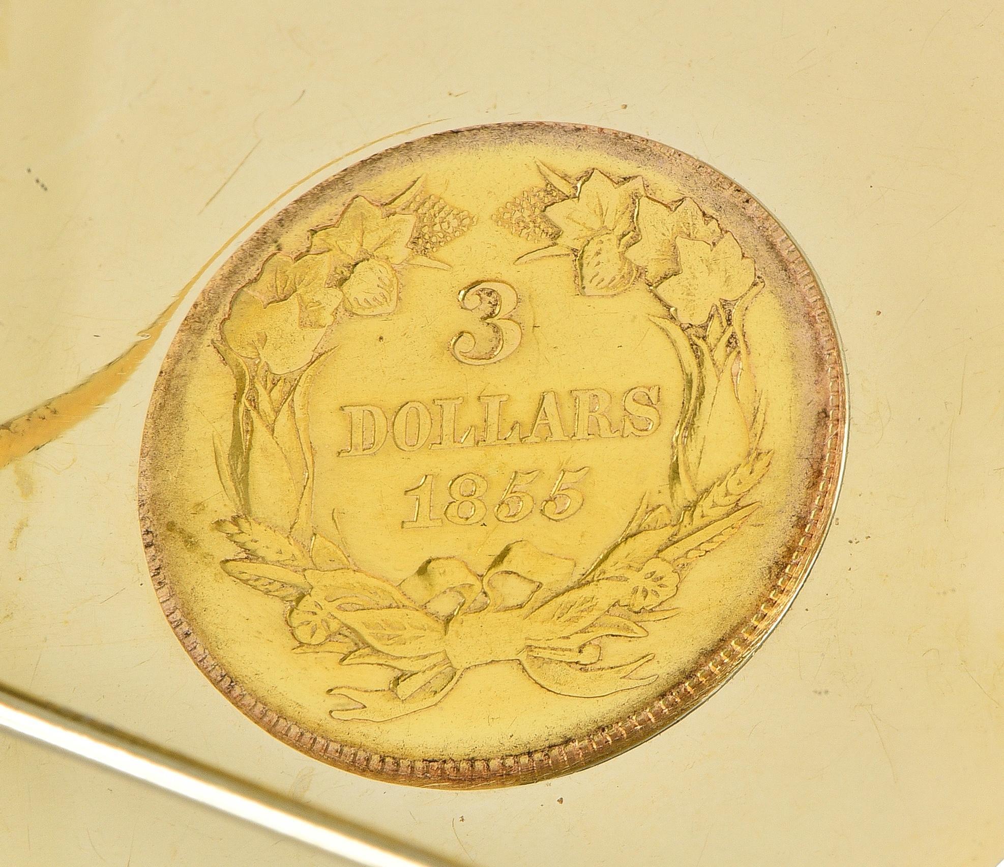 Tiffany & Co. Early 1900's 14K Gold 1855 US 3 Dollar Coin Antique Circle Brooch For Sale 5