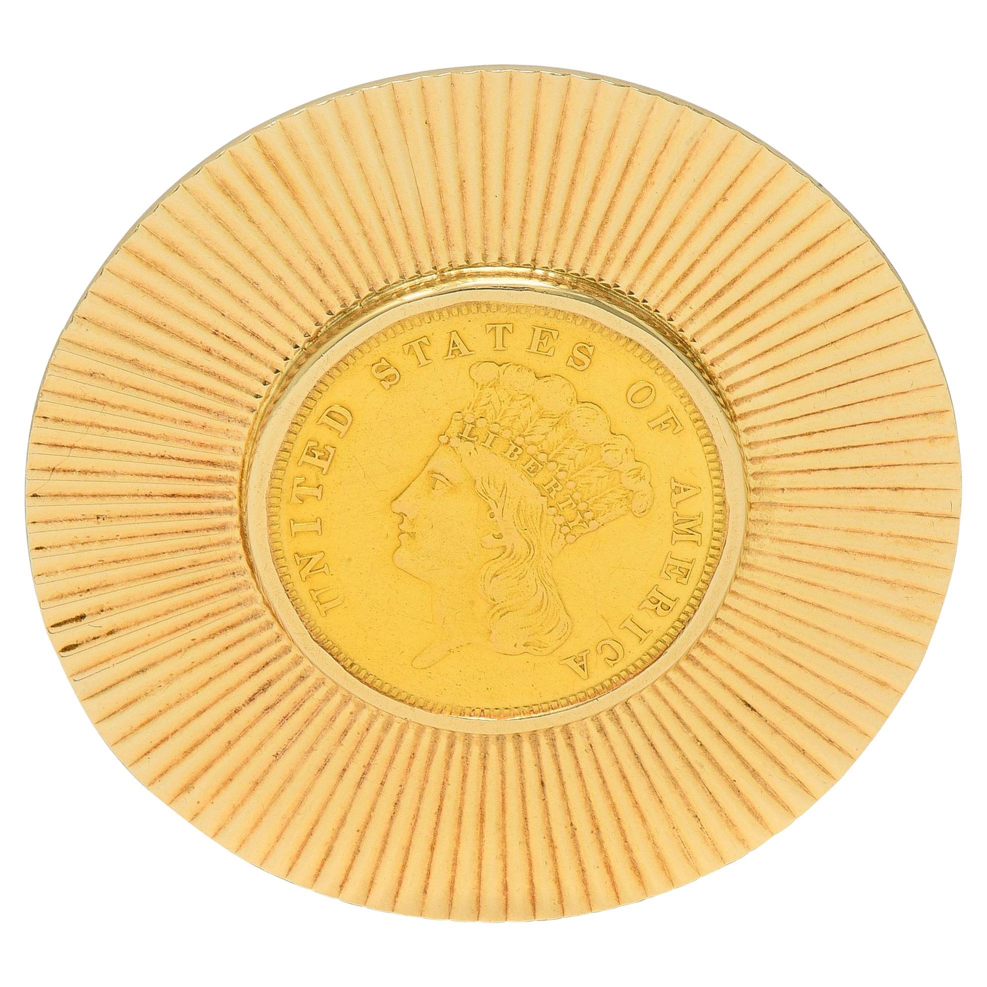 Tiffany & Co. Early 1900's 14K Gold 1855 US 3 Dollar Coin Antique Circle Brooch