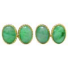 Tiffany & Co. Early Art Deco Jadeite Jade 18 Karat Yellow Gold Antique Cufflinks