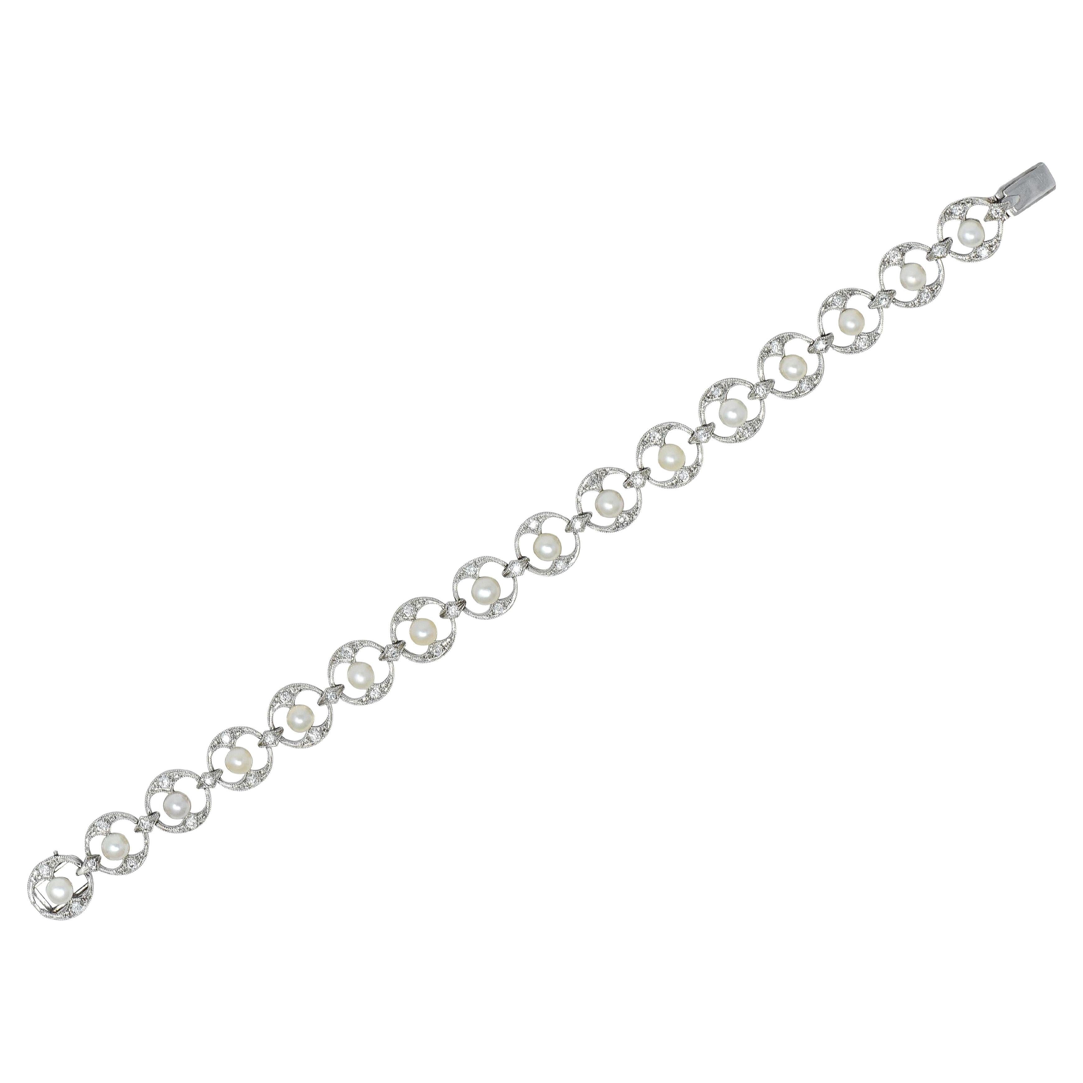 Tiffany & Co. Edwardian 1.20 CTW Diamond Pearl Platinum Antique Link Bracelet