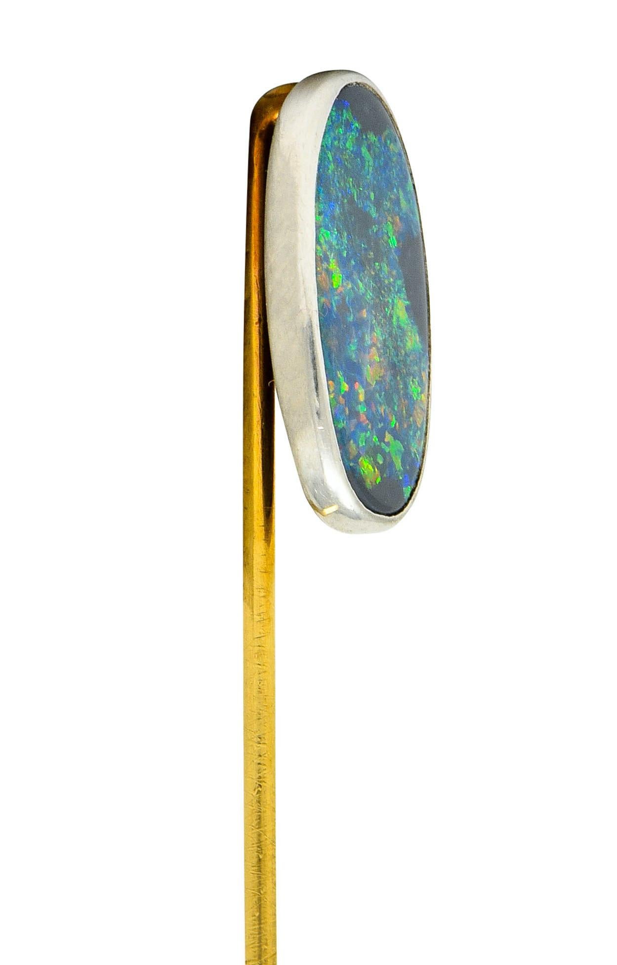 Oval Cut Tiffany & Co. Edwardian Black Opal Platinum 18 Karat Gold Stickpin
