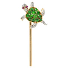 Tiffany & Co. Edwardian Demantoid Platinum 18K Gold Antique Turtle Stickpin