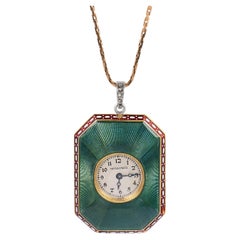 Tiffany & Co. Edwardian diamond guilloche enamel 18k gold watch pendant necklace