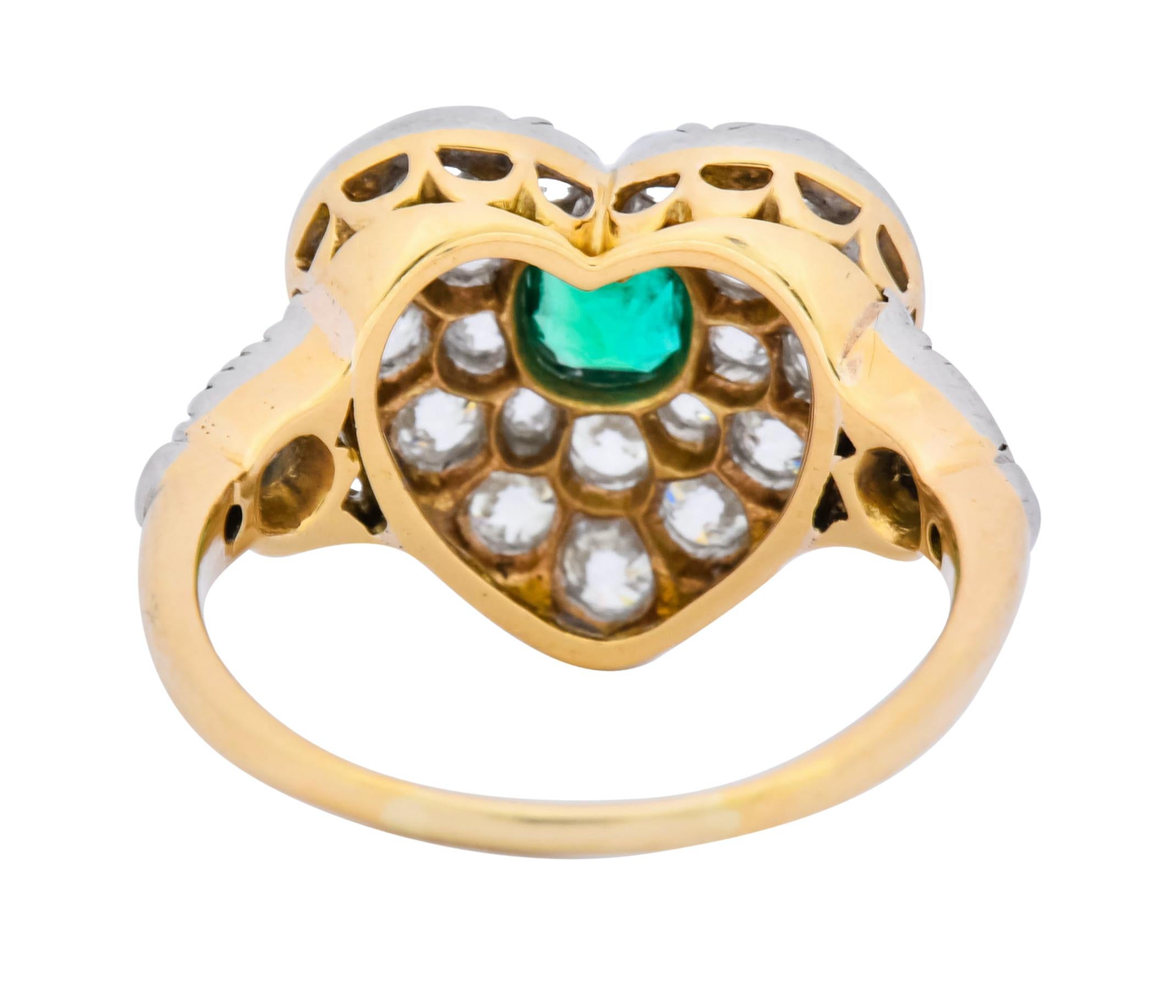 Old European Cut Tiffany & Co. Edwardian Emerald Diamond Platinum 18 Karat Gold Ring Heart Ring