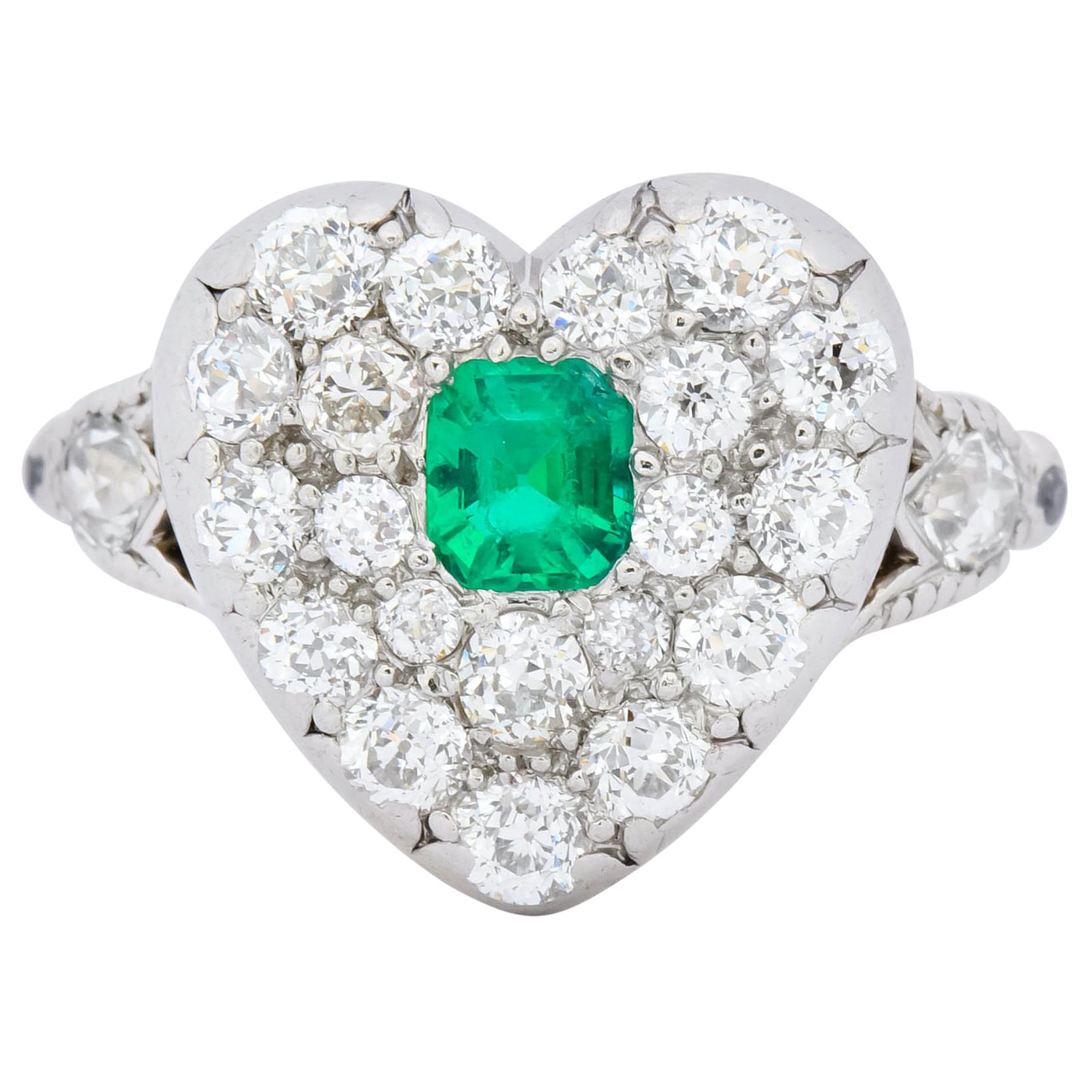 Tiffany & Co. Edwardian Emerald Diamond Platinum 18 Karat Gold Ring Heart Ring