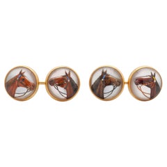 Tiffany & Co Edwardian Essex Crystal 14K Gold Antique Horse Equestrian Cufflinks