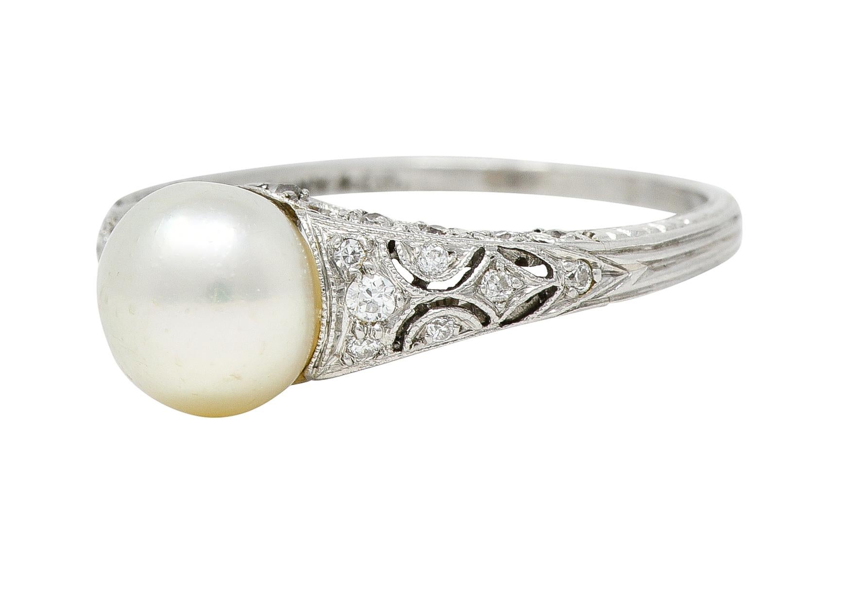 Old European Cut Tiffany & Co. Edwardian Pearl Diamond Platinum Ivy Foliate Antique Gemstone Ring
