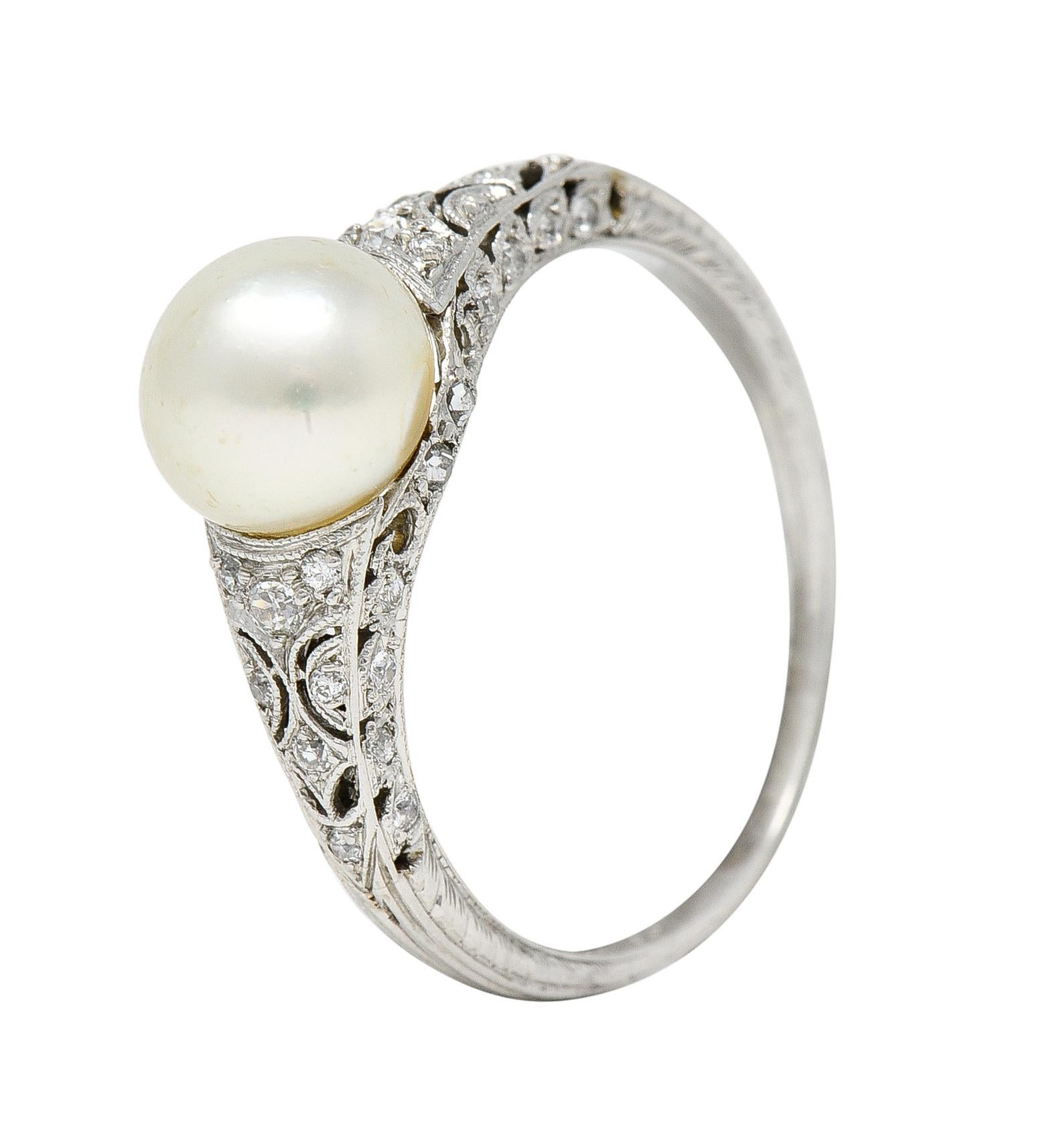 Women's or Men's Tiffany & Co. Edwardian Pearl Diamond Platinum Ivy Foliate Antique Gemstone Ring