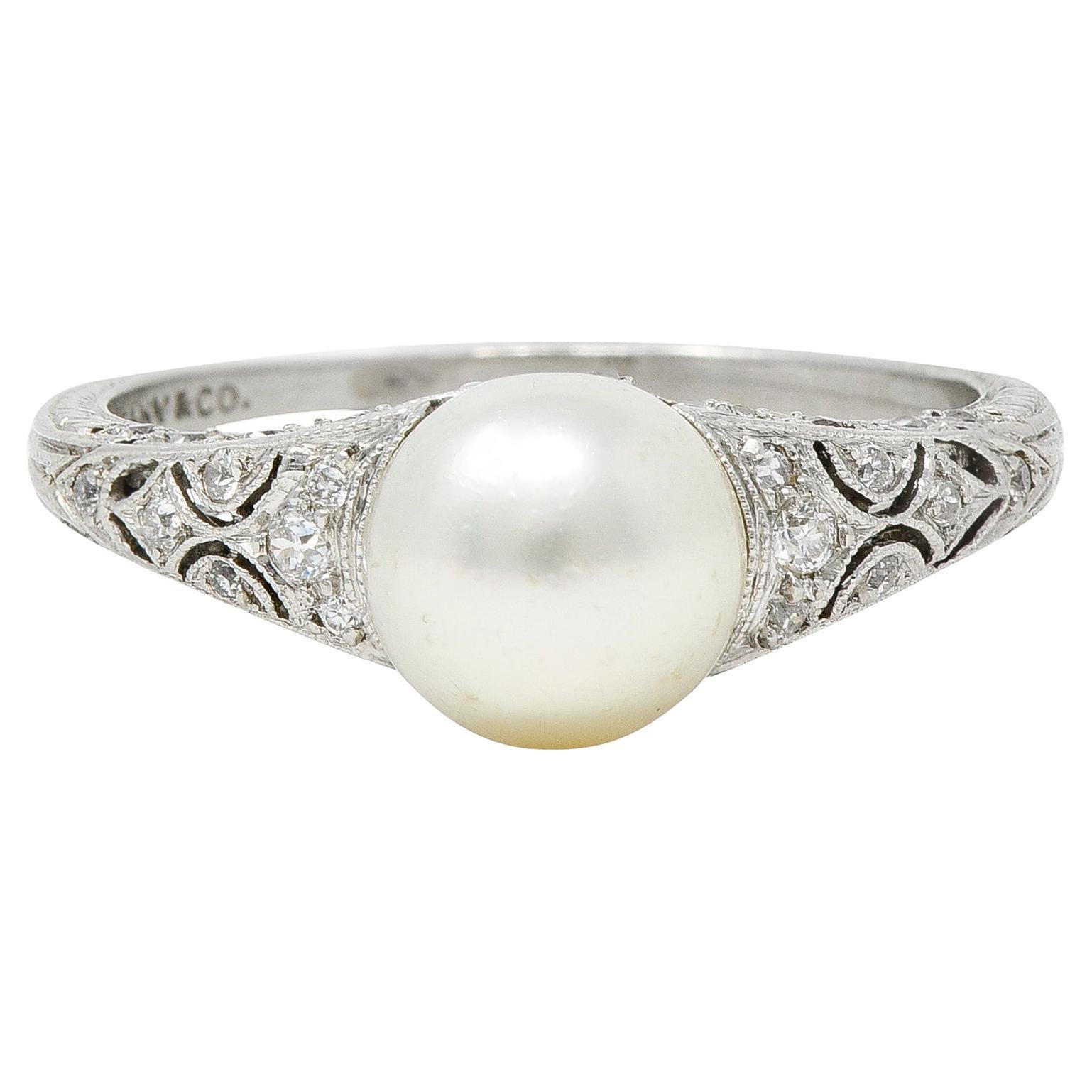 Tiffany & Co. Edwardian Pearl Diamond Platinum Ivy Foliate Antique Gemstone Ring