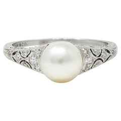 Tiffany & Co. Antiker edwardianischer Perlen-Diamant-Platin-Edelstein-Ring mit Efeublatt