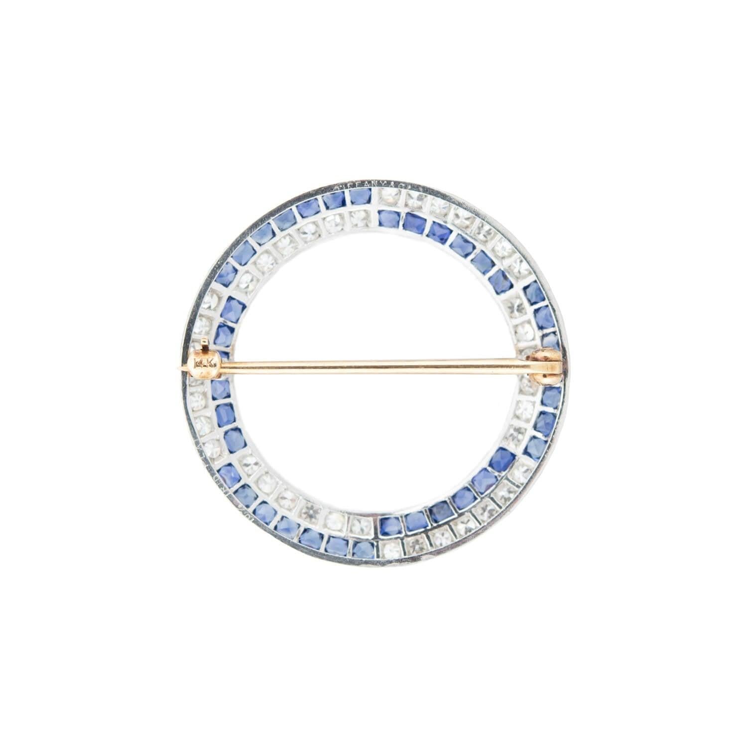 Contemporary Tiffany & Co. Edwardian Platinum/14kt, Diamond + Sapphire Circle Pin