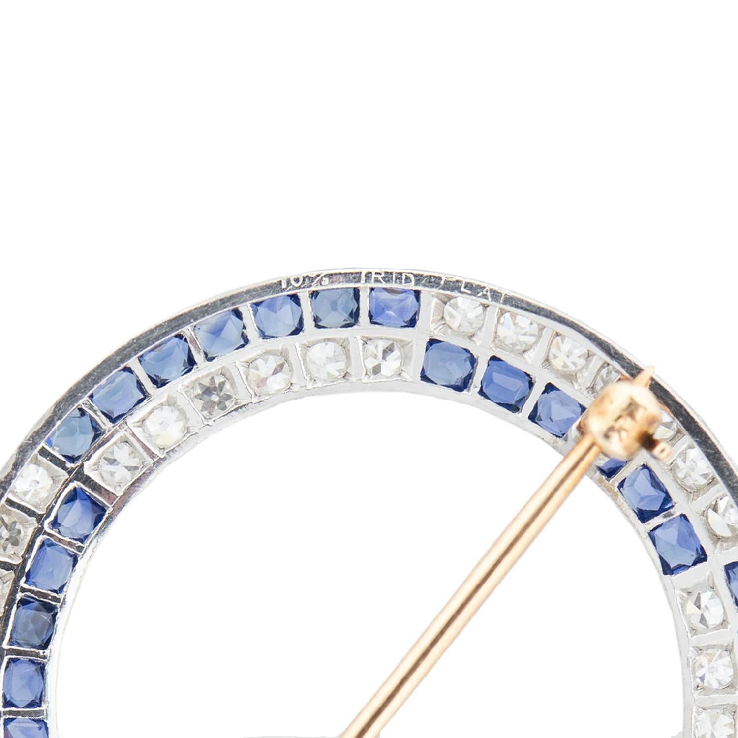 French Cut Tiffany & Co. Edwardian Platinum/14kt, Diamond + Sapphire Circle Pin