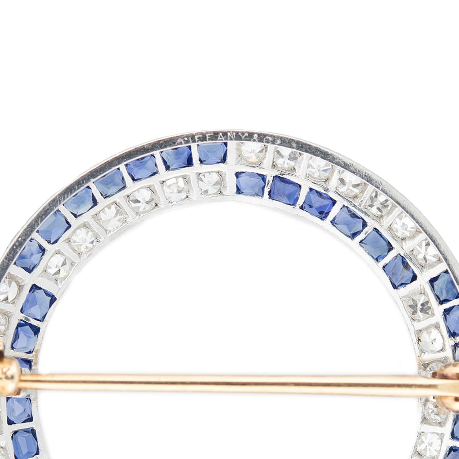 Tiffany & Co. Edwardian Platinum/14kt, Diamond + Sapphire Circle Pin In Good Condition In Narberth, PA