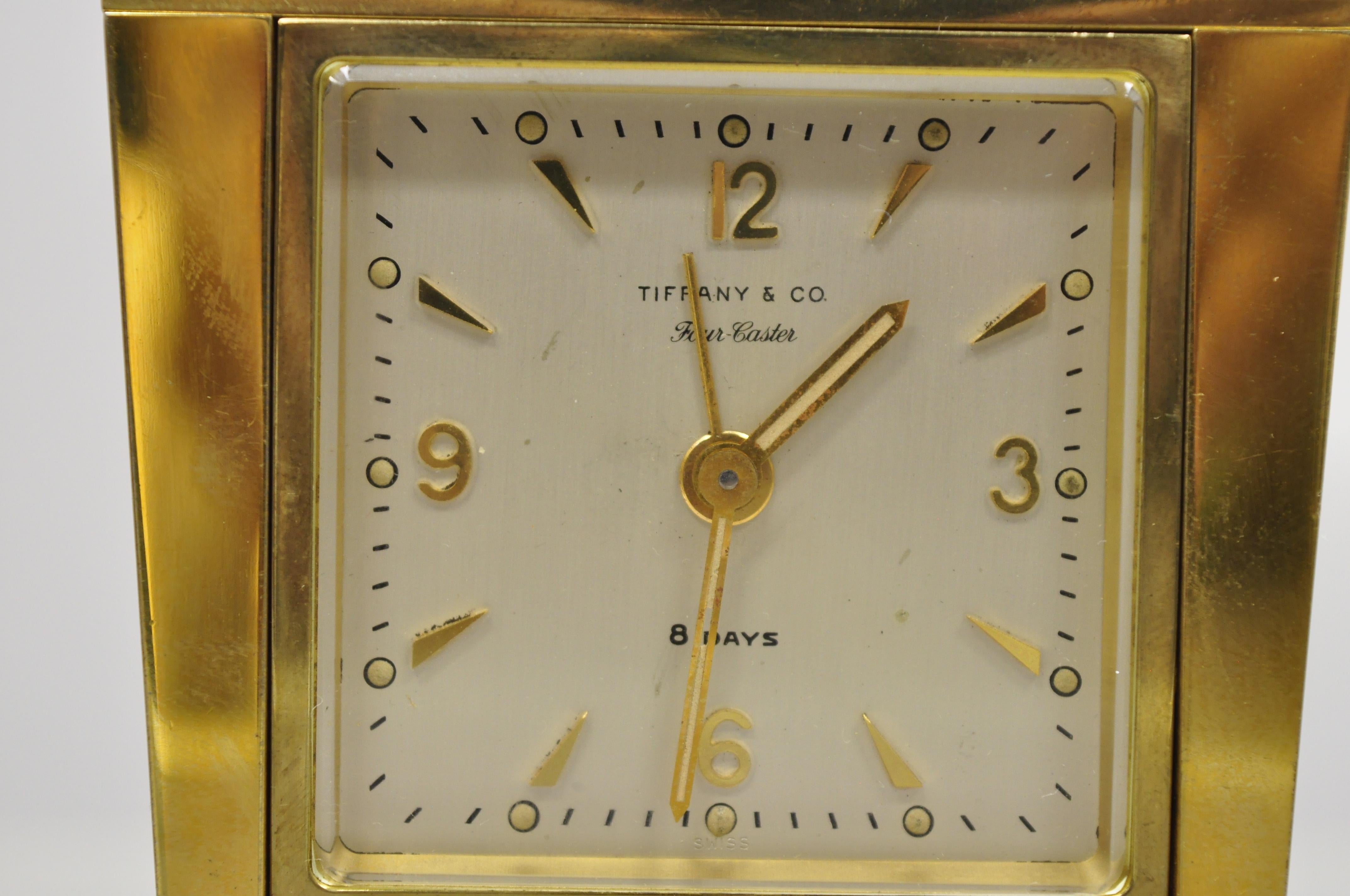 Tiffany & Co. Eight Day Brass Four Caster Revolving Small Desk Clock 2