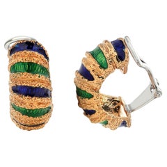 Tiffany Co Eighteen Karat Gold Blue Green Swirl Enamel Textured Hoop Earrings