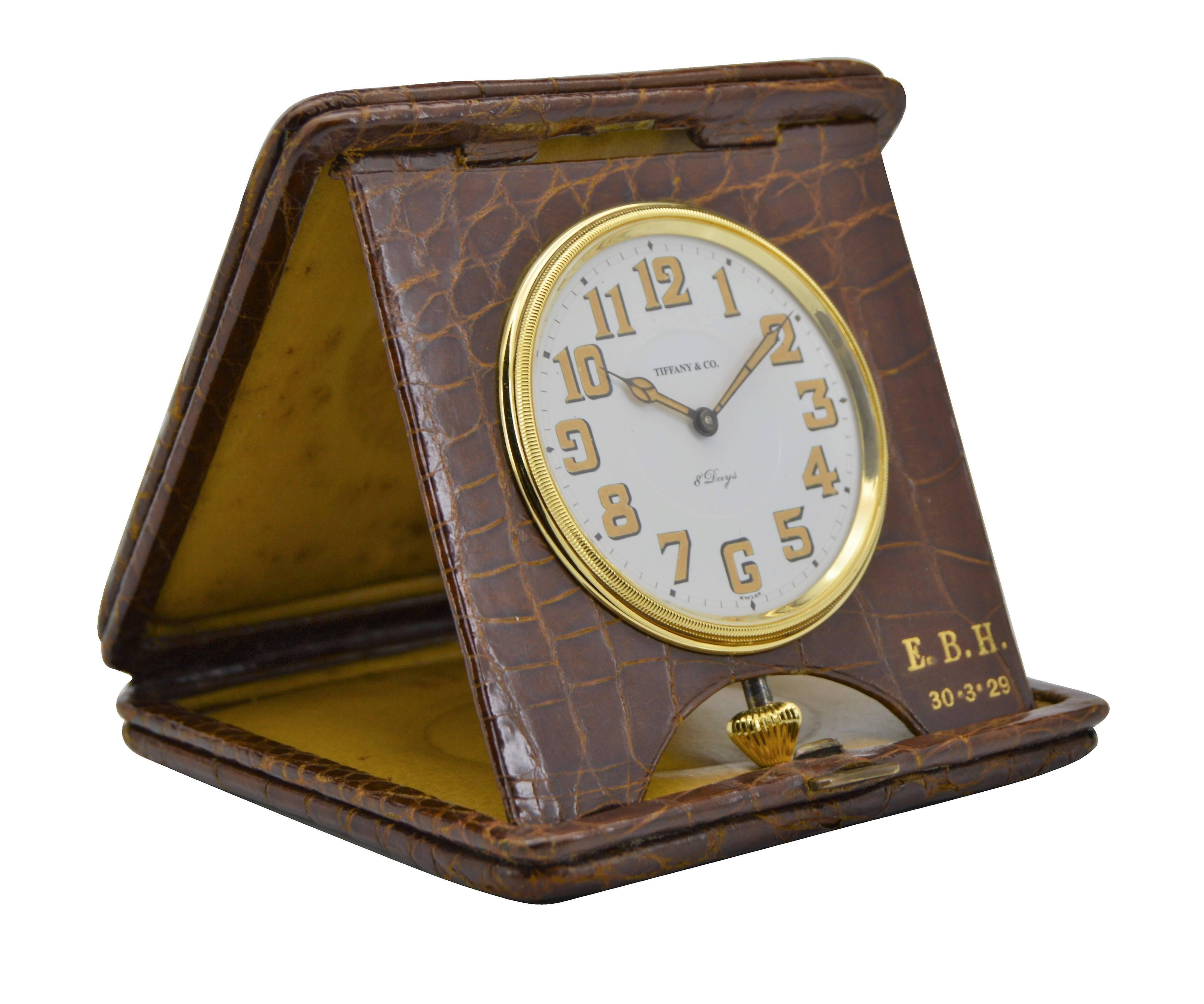 Art Deco Tiffany & Co. Elegant Reptilian Folding Desk Clock with Fired Dial from 1929 For Sale