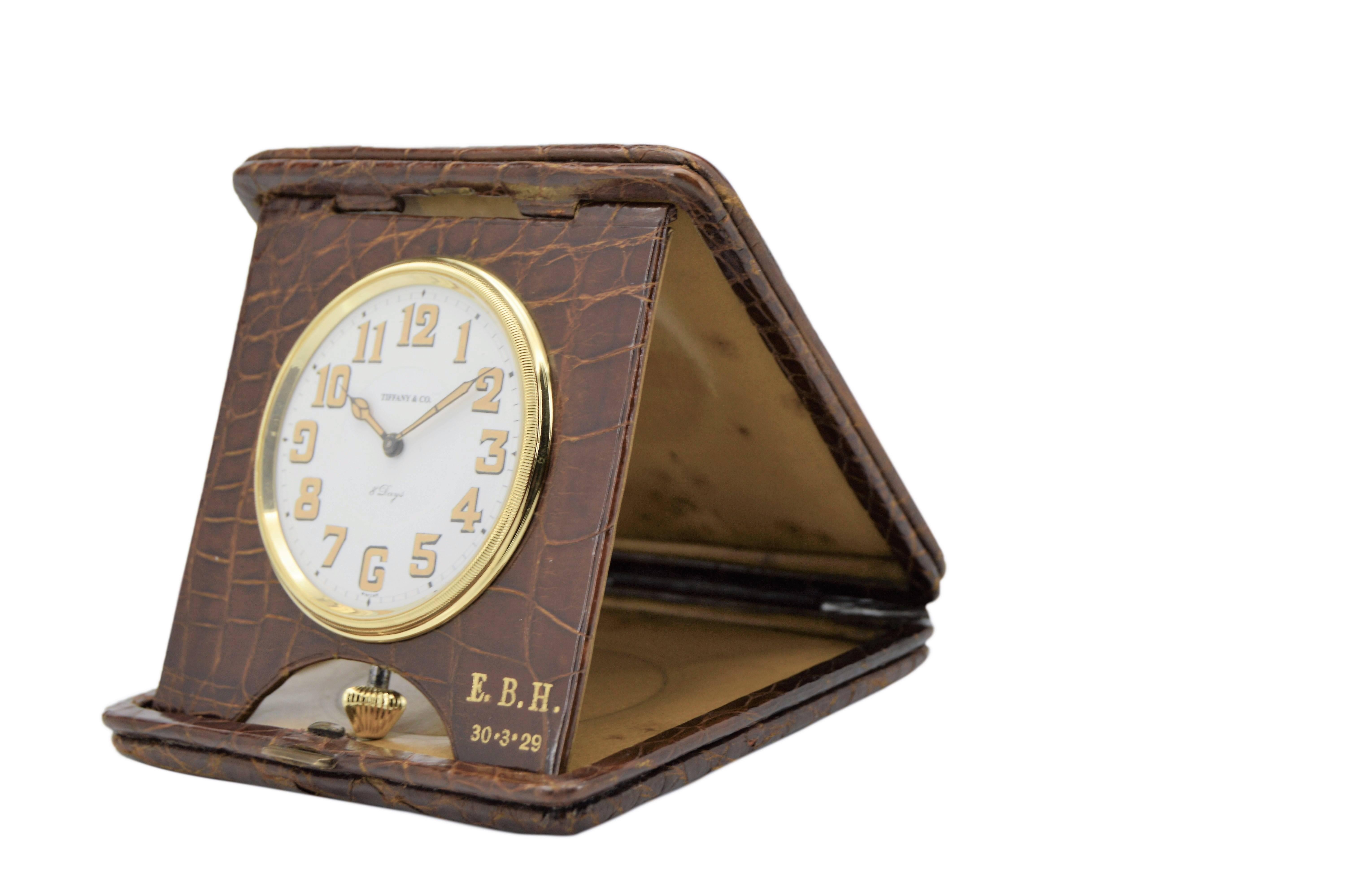 Swiss Tiffany & Co. Elegant Reptilian Folding Desk Clock with Fired Dial from 1929 For Sale